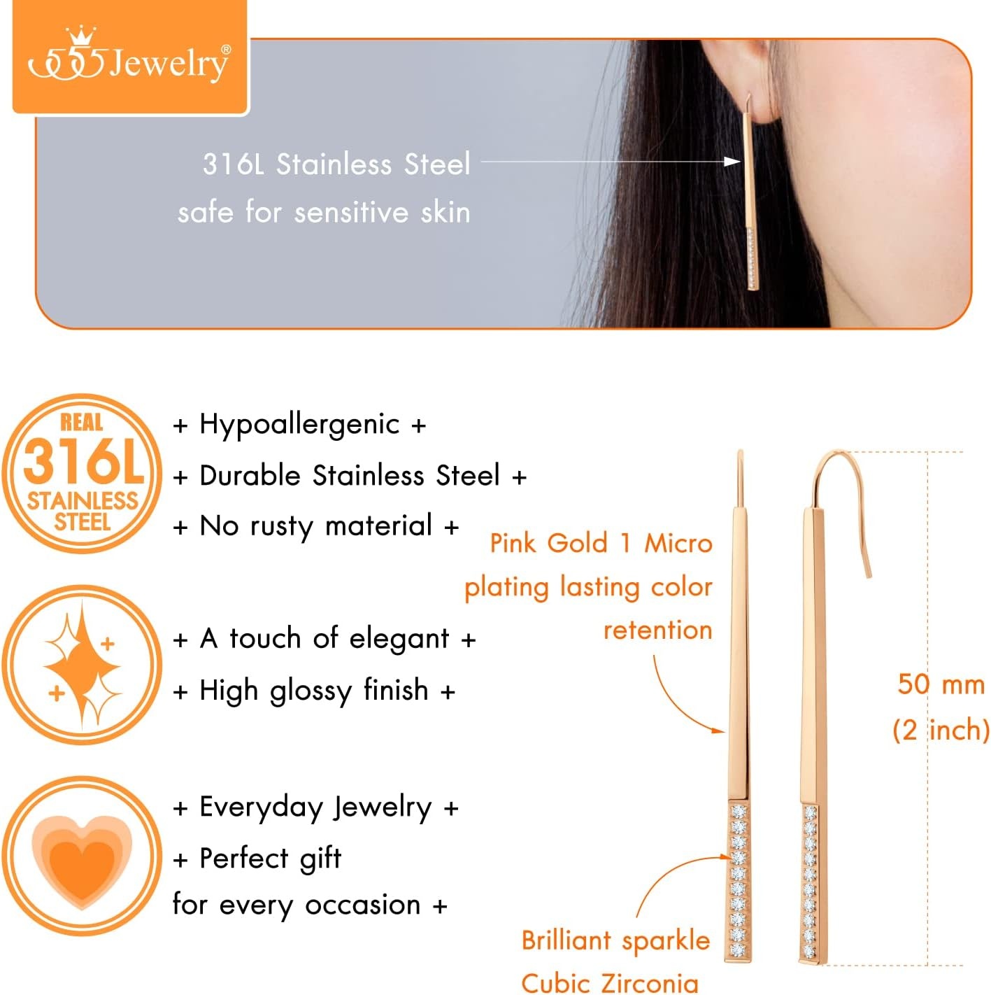 image:image555Jewelry Stainless Steel Cubic Zirconia Drop Bar Earrings for Women amp LadiesRose Gold