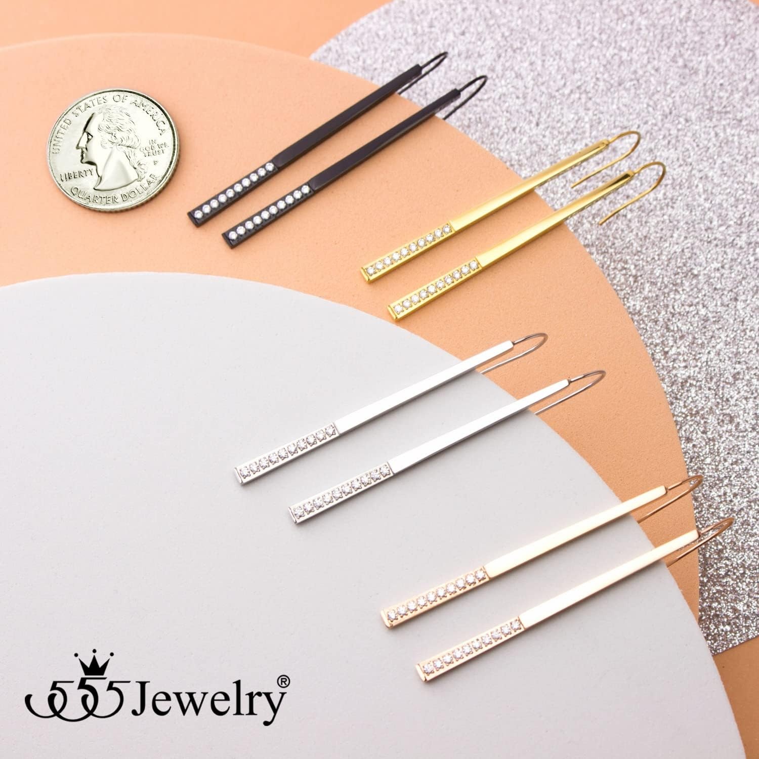 image:image555Jewelry Stainless Steel Cubic Zirconia Drop Bar Earrings for Women amp LadiesRose Gold