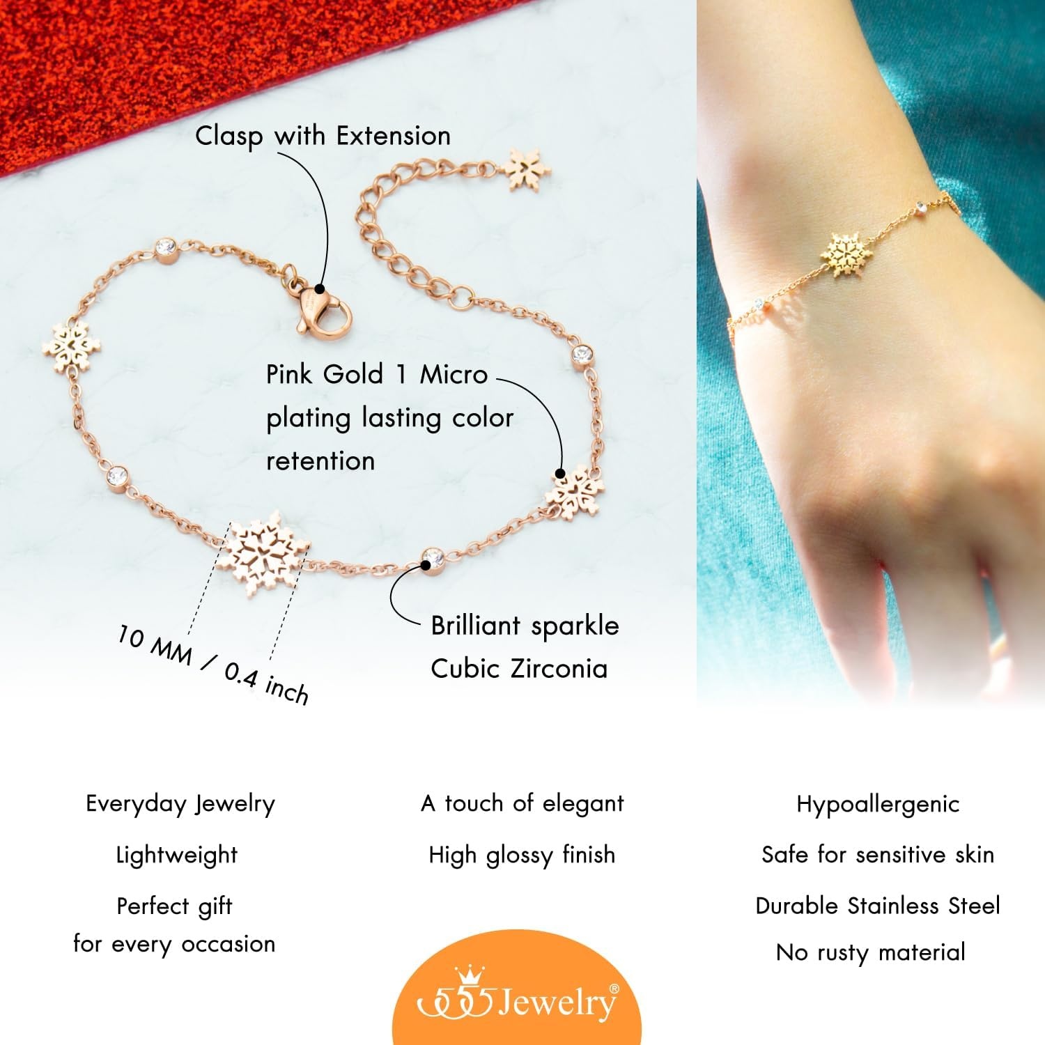 image:image555Jewelry Stainless Steel Delicate Adjustable CZ Snowflake Bracelet for Women amp LadiesRose Gold