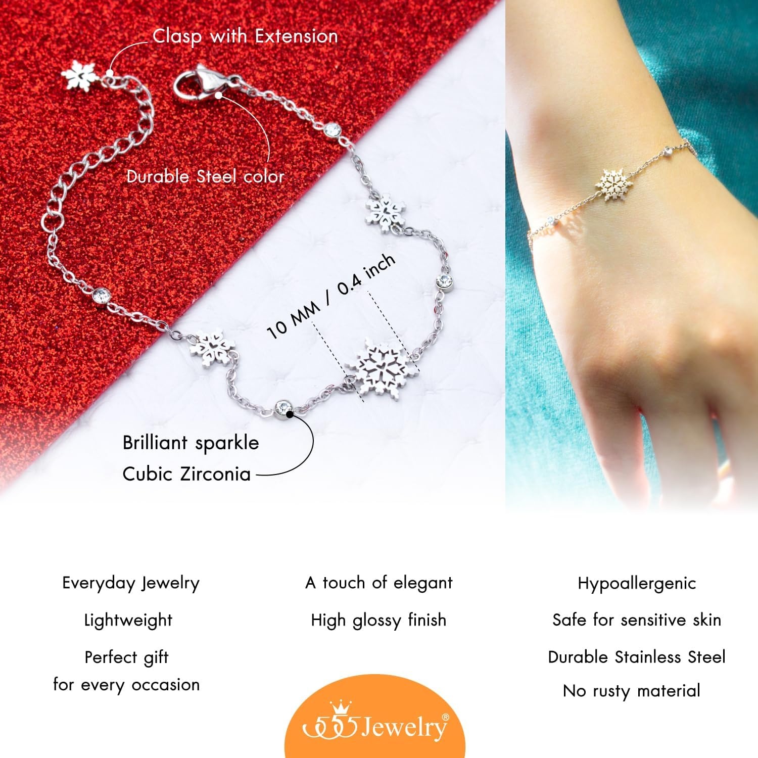 image:image555Jewelry Stainless Steel Delicate Adjustable CZ Snowflake Bracelet for Women amp LadiesSilver