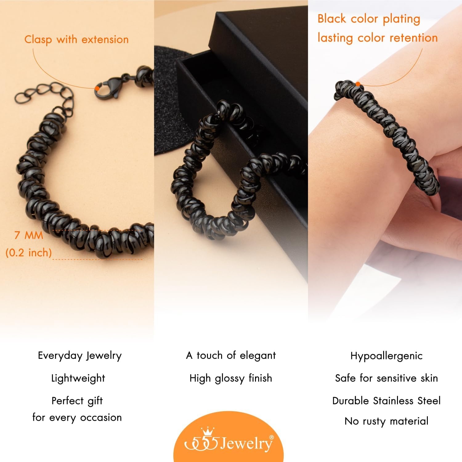 image:image555Jewelry Stainless Steel Elegant Charm Discs amp Beads Bracelet for WomenBlack