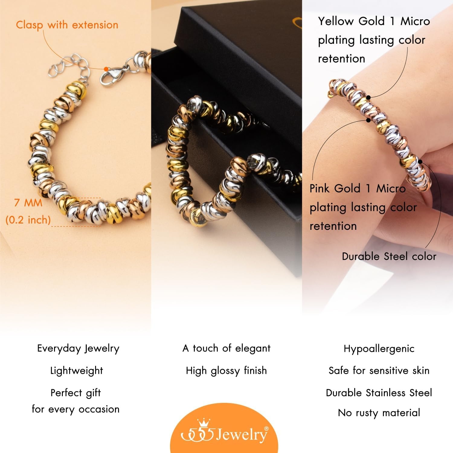 image:image555Jewelry Stainless Steel Elegant Charm Discs amp Beads Bracelet for WomenMulticolor