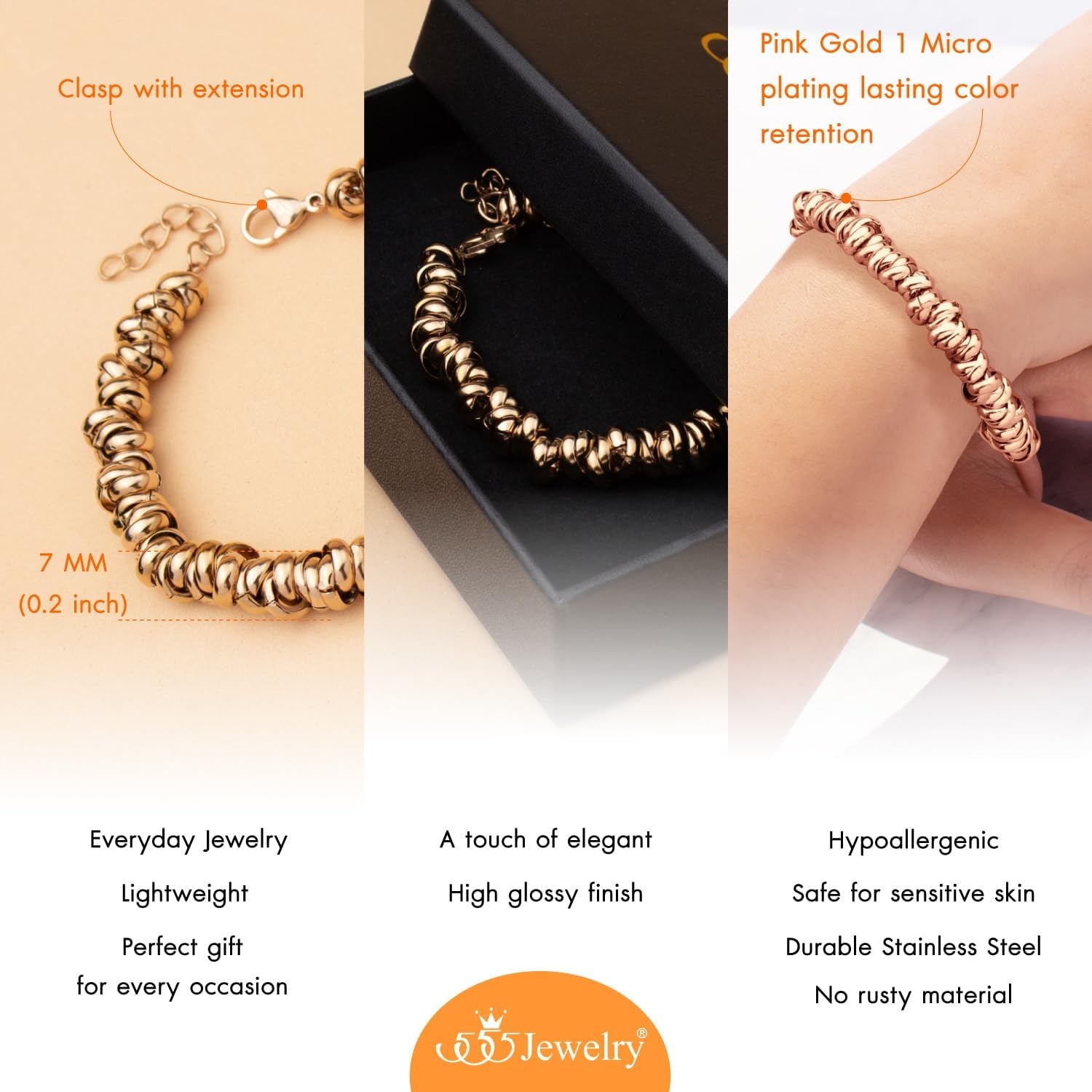 image:image555Jewelry Stainless Steel Elegant Charm Discs amp Beads Bracelet for WomenRose Gold