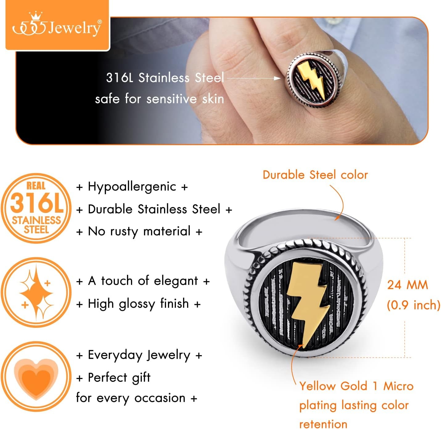 image:image555Jewelry Stainless Steel Flash Thunder Lightning Bolt Signet Ring for Men amp BoysSilver Gold