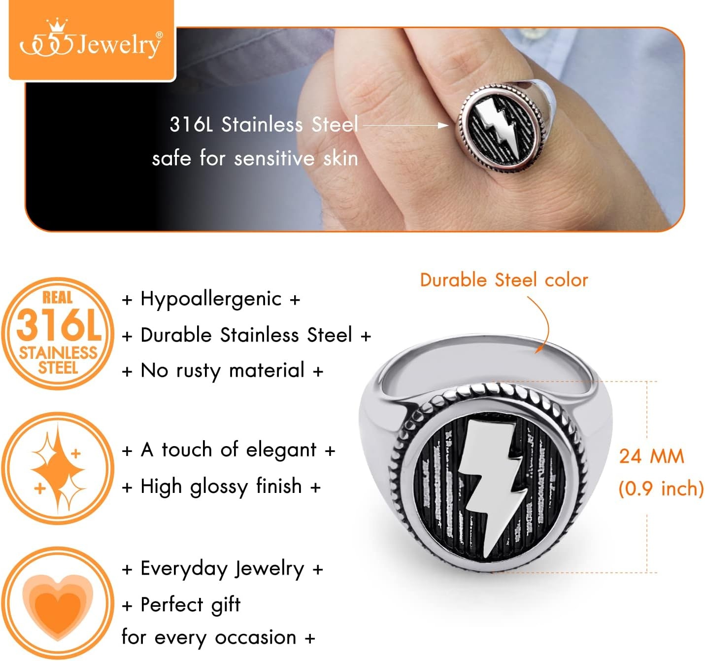 image:image555Jewelry Stainless Steel Flash Thunder Lightning Bolt Signet Ring for Men amp BoysSilver