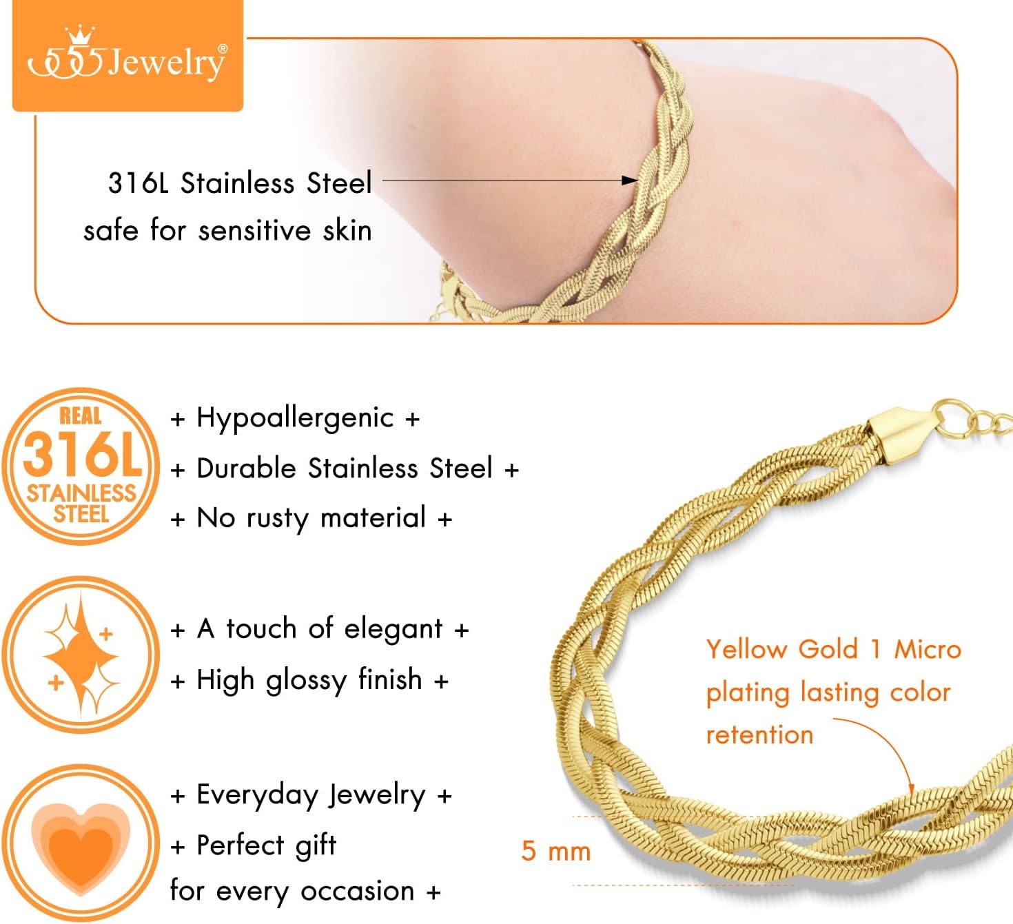image:image555Jewelry Stainless Steel Flat Braided Snake Chain Bracelet for Women amp LadiesGold