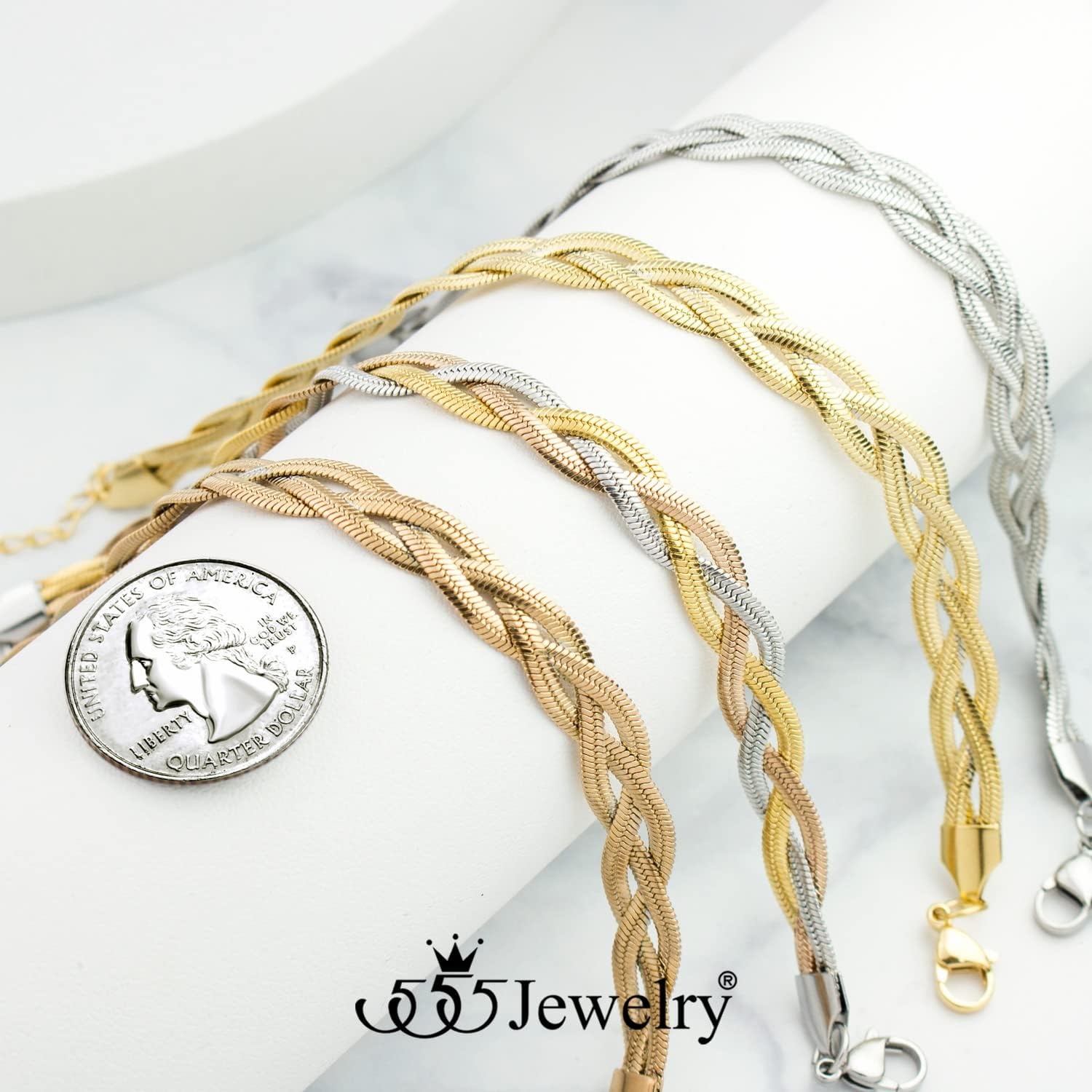 image:image555Jewelry Stainless Steel Flat Braided Snake Chain Bracelet for Women amp LadiesGold