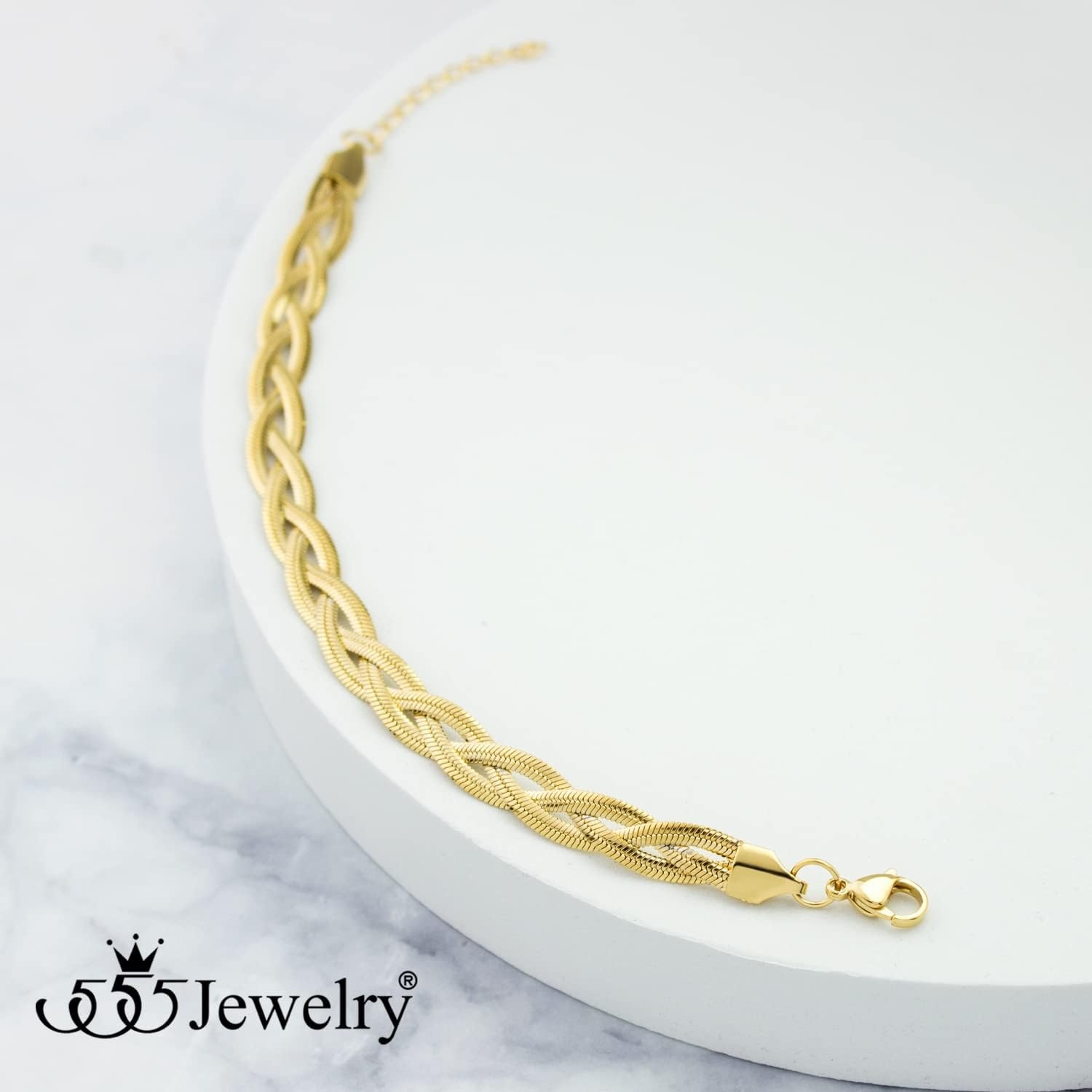 image:image555Jewelry Stainless Steel Flat Braided Snake Chain Bracelet for Women amp LadiesGold