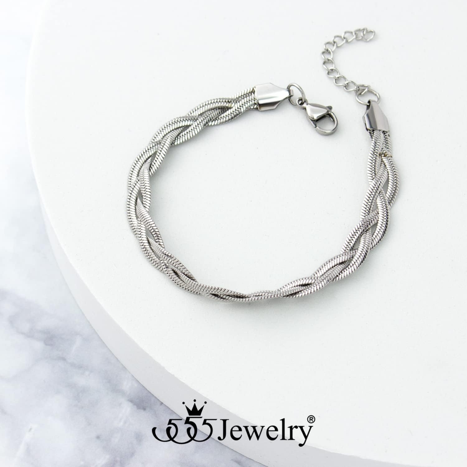 image:image555Jewelry Stainless Steel Flat Braided Snake Chain Bracelet for Women amp LadiesSilver