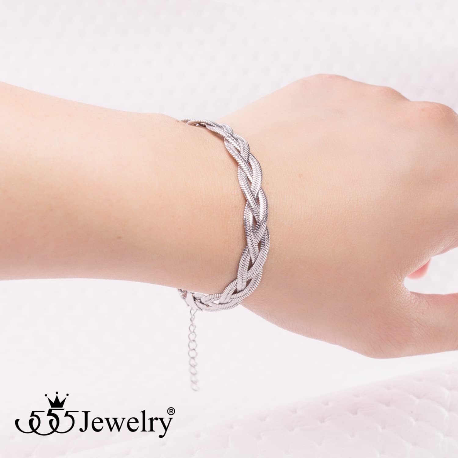 image:image555Jewelry Stainless Steel Flat Braided Snake Chain Bracelet for Women amp LadiesSilver