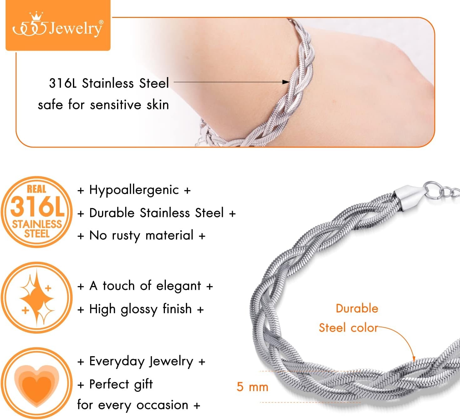 image:image555Jewelry Stainless Steel Flat Braided Snake Chain Bracelet for Women amp LadiesSilver