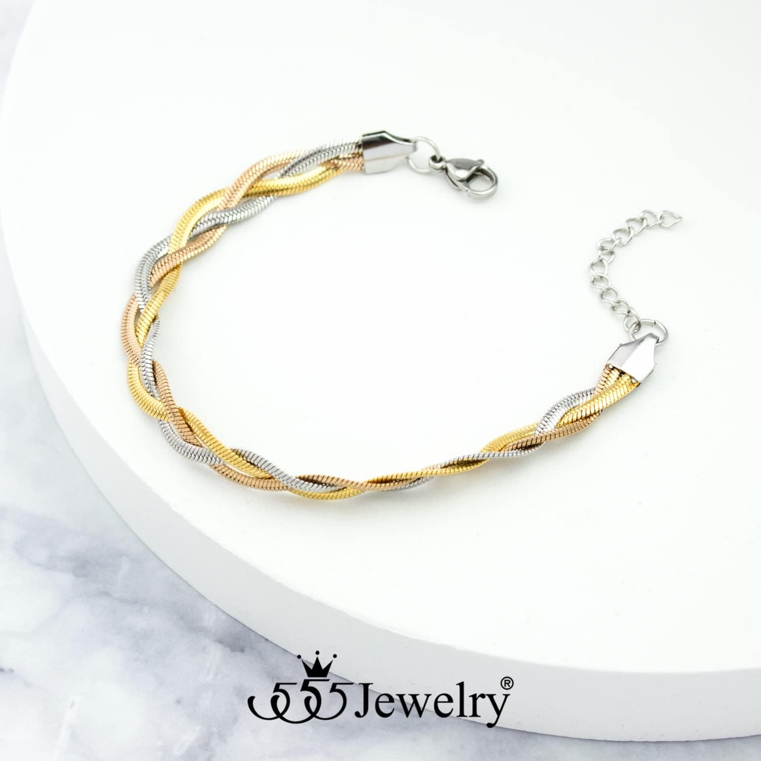 image:image555Jewelry Stainless Steel Flat Braided Snake Chain Bracelet for Women amp LadiesSilverGoldRose Gold