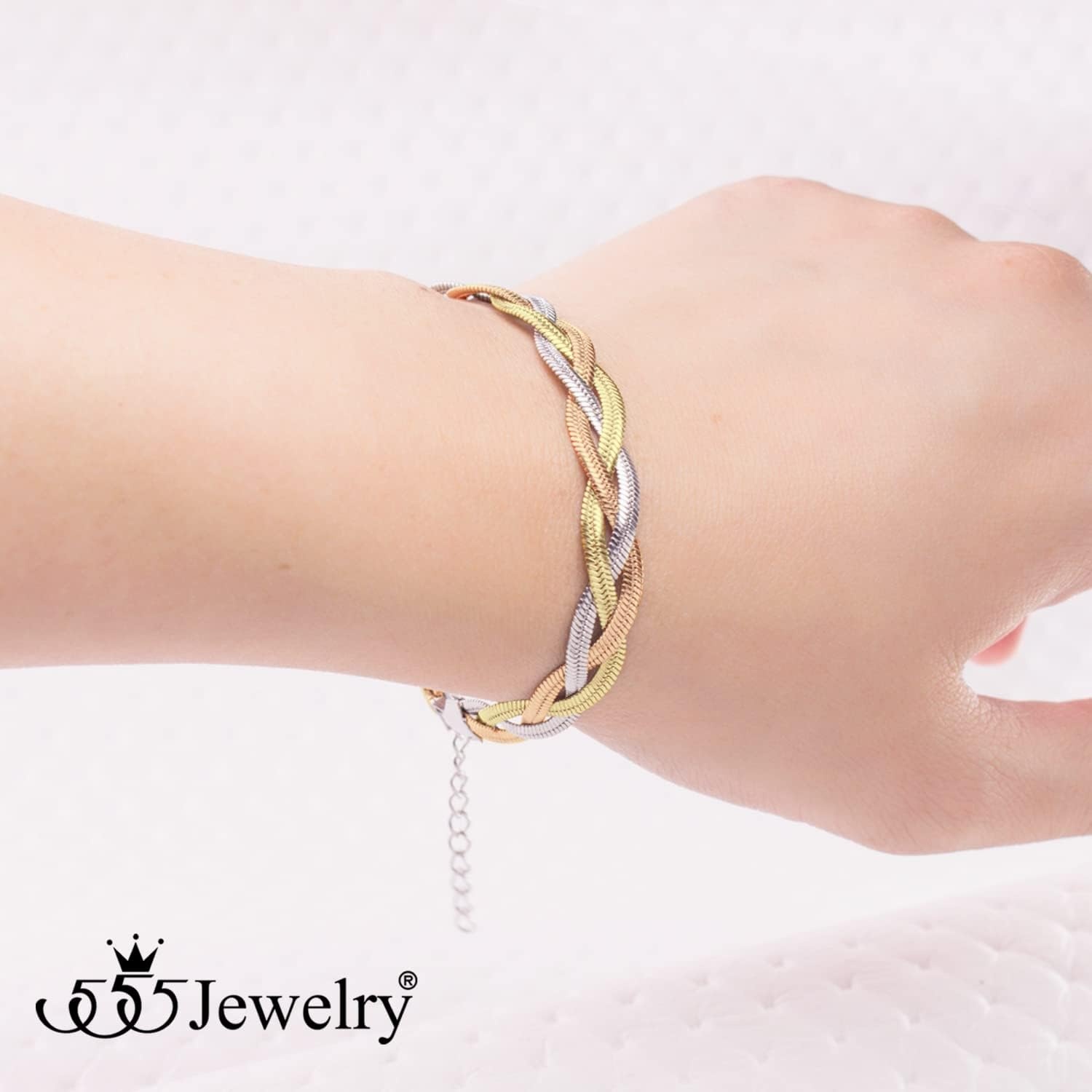 image:image555Jewelry Stainless Steel Flat Braided Snake Chain Bracelet for Women amp LadiesSilverGoldRose Gold