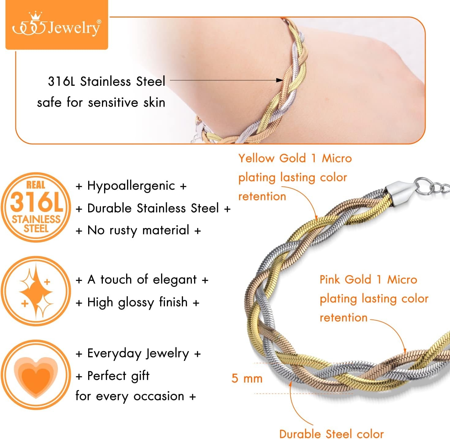 image:image555Jewelry Stainless Steel Flat Braided Snake Chain Bracelet for Women amp LadiesSilverGoldRose Gold