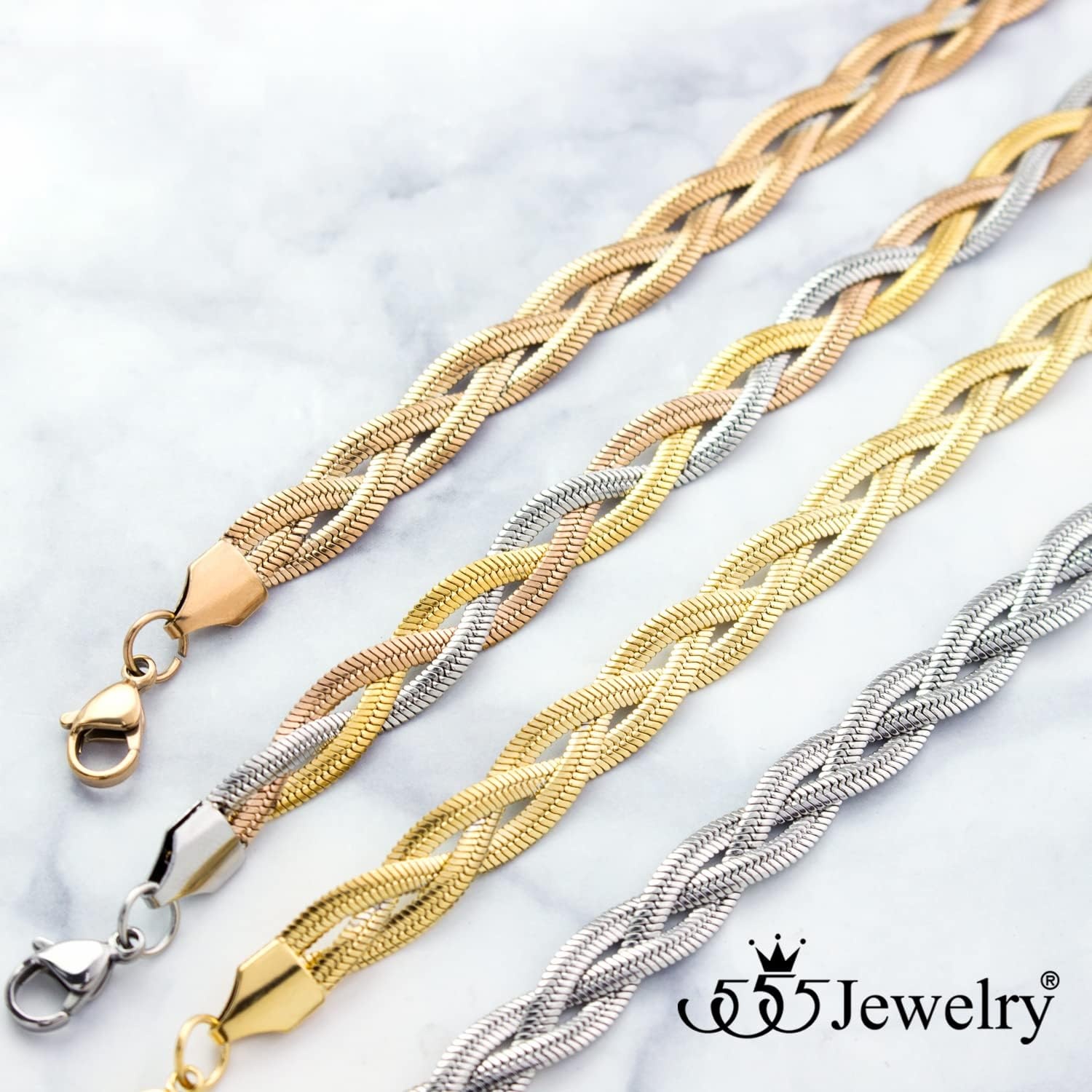 image:image555Jewelry Stainless Steel Flat Braided Snake Chain Bracelet for Women amp LadiesSilverGoldRose Gold