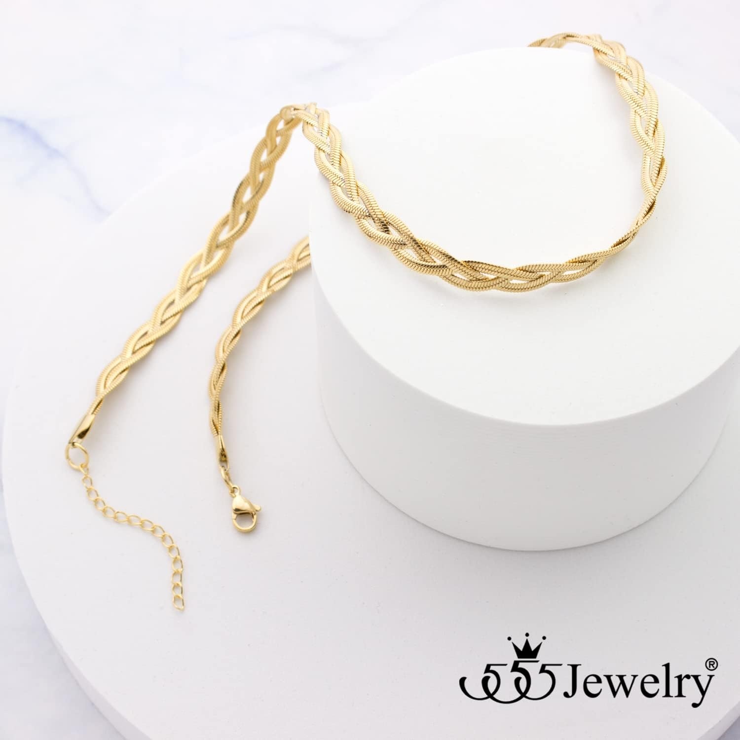 image:image555Jewelry Stainless Steel Flat Braided Snake Chain Necklace for Women amp LadiesGold