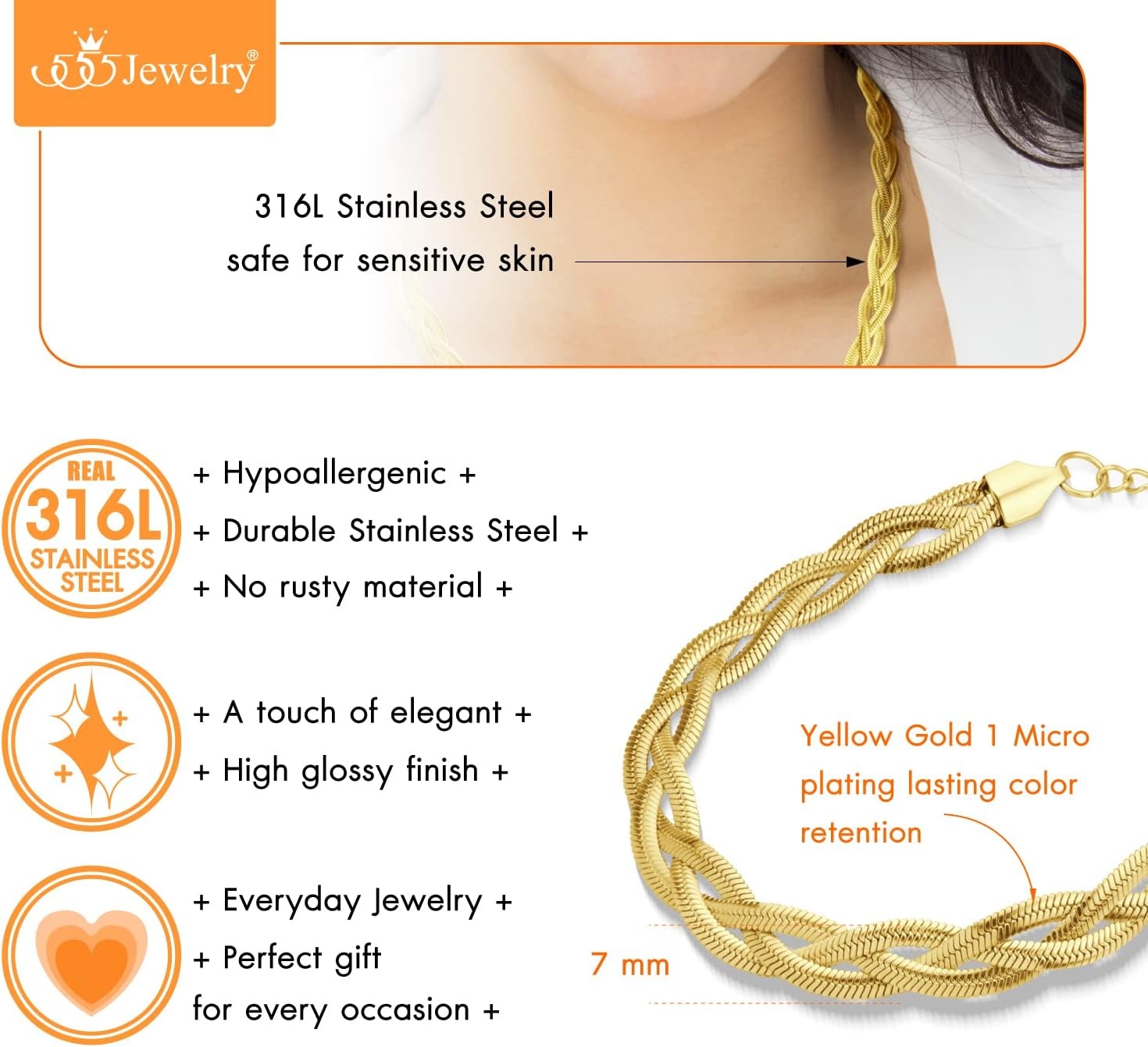 image:image555Jewelry Stainless Steel Flat Braided Snake Chain Necklace for Women amp LadiesGold