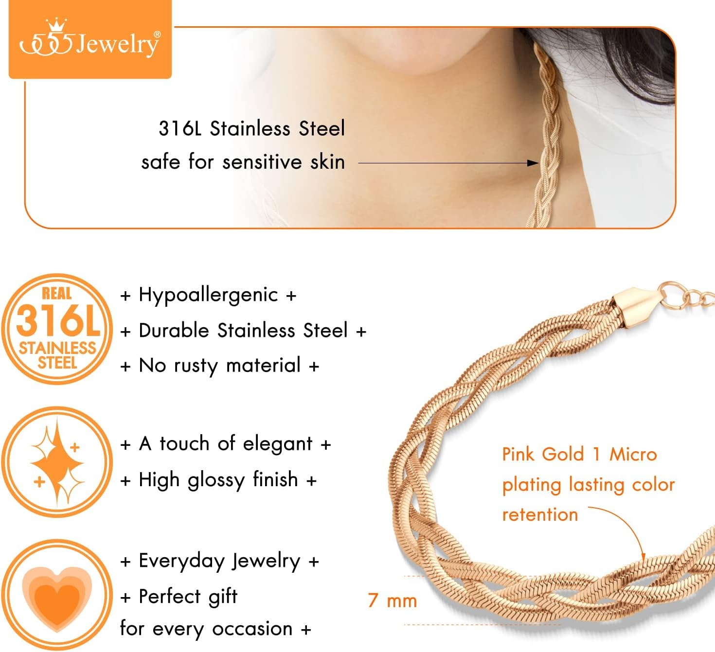 image:image555Jewelry Stainless Steel Flat Braided Snake Chain Necklace for Women amp LadiesRose Gold