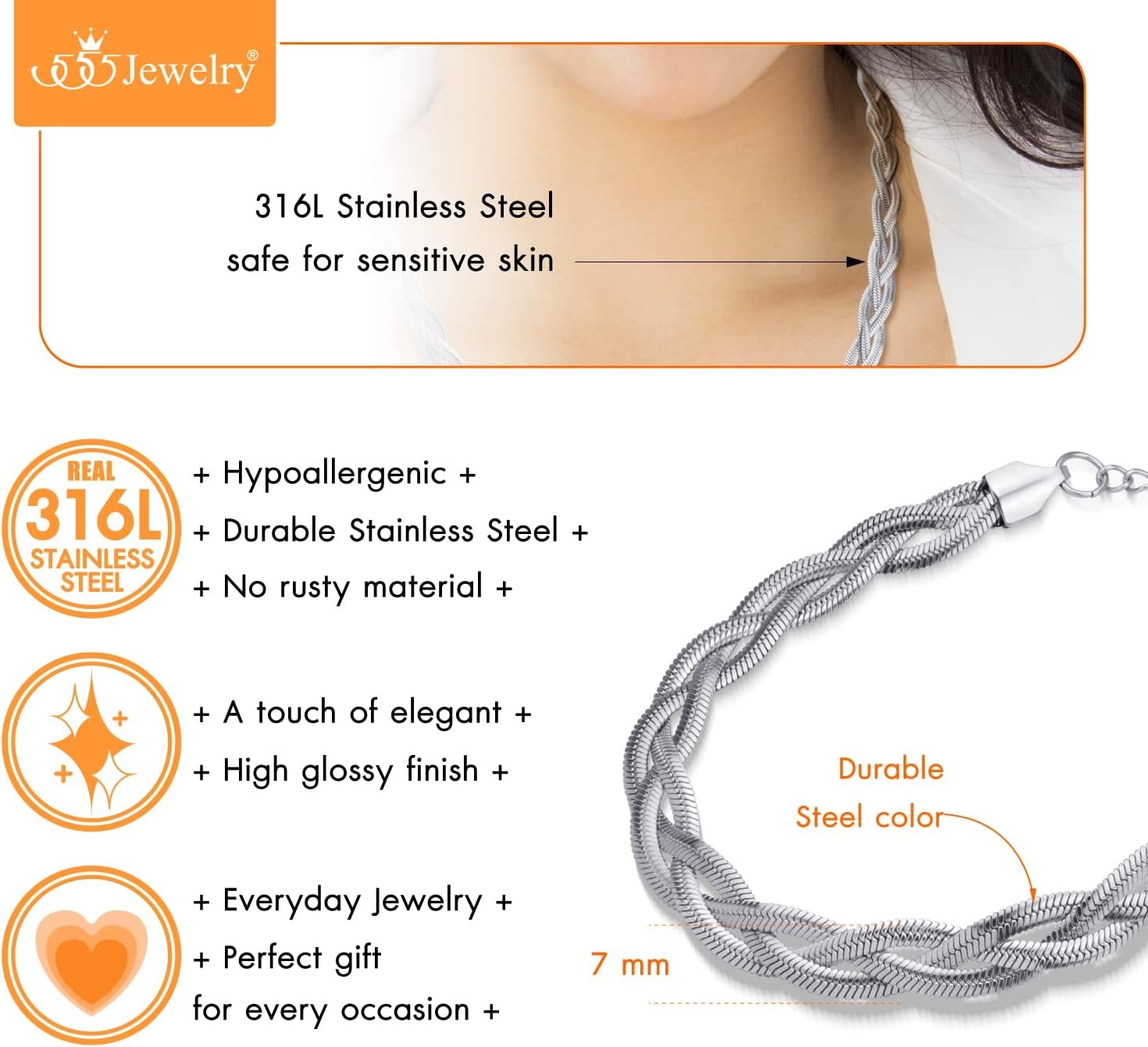 image:image555Jewelry Stainless Steel Flat Braided Snake Chain Necklace for Women amp LadiesSilver