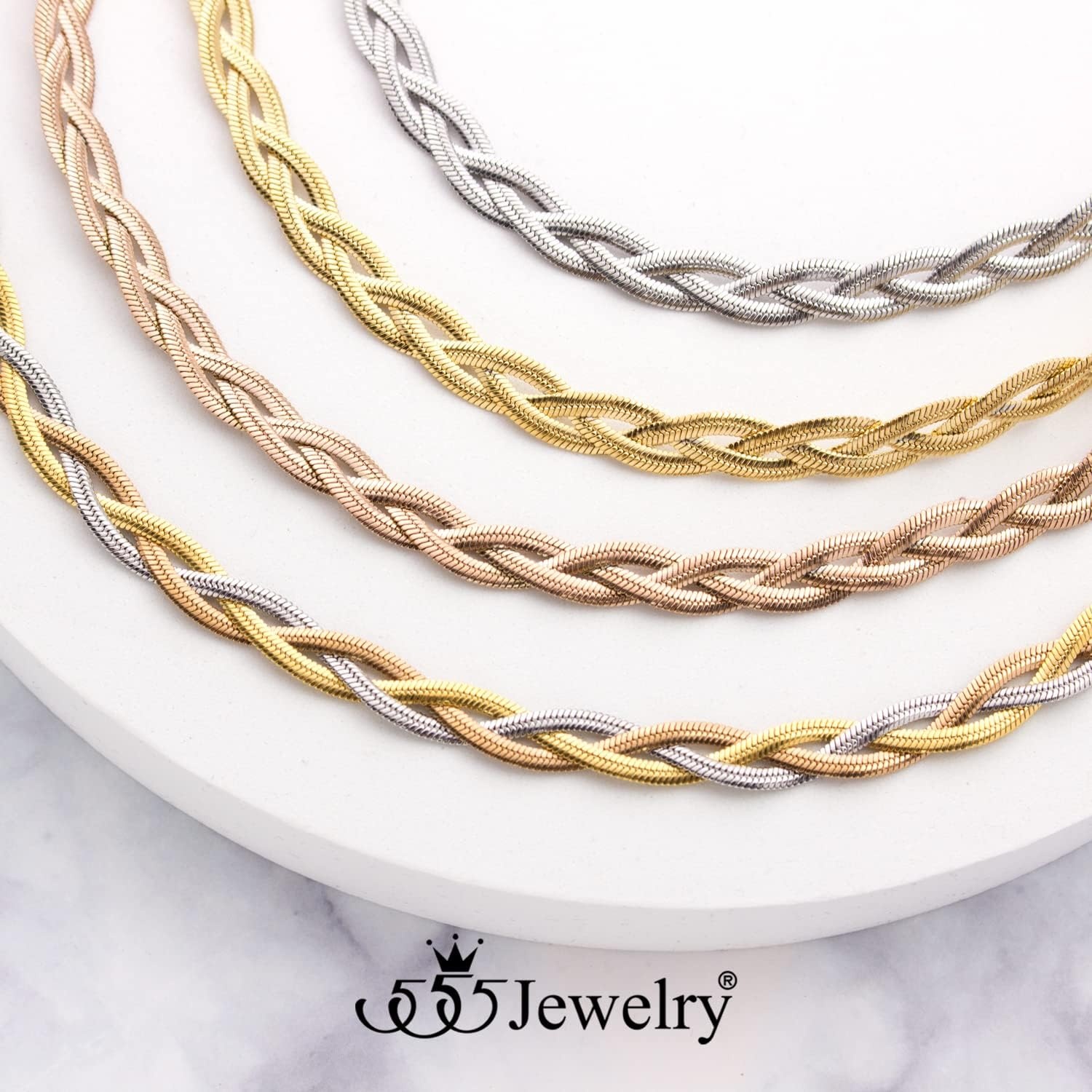 image:image555Jewelry Stainless Steel Flat Braided Snake Chain Necklace for Women amp LadiesSilver