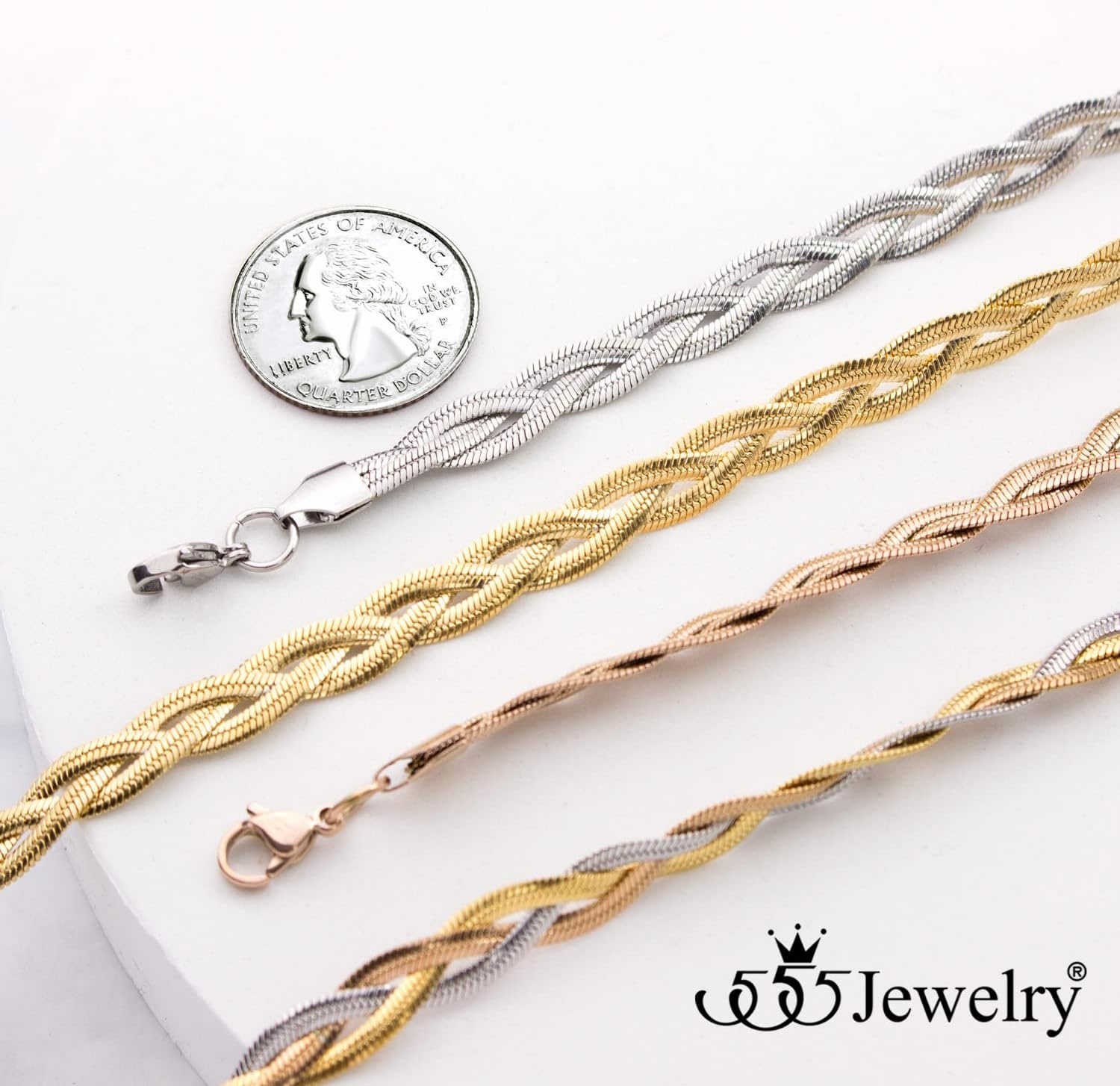 image:image555Jewelry Stainless Steel Flat Braided Snake Chain Necklace for Women amp LadiesSilver