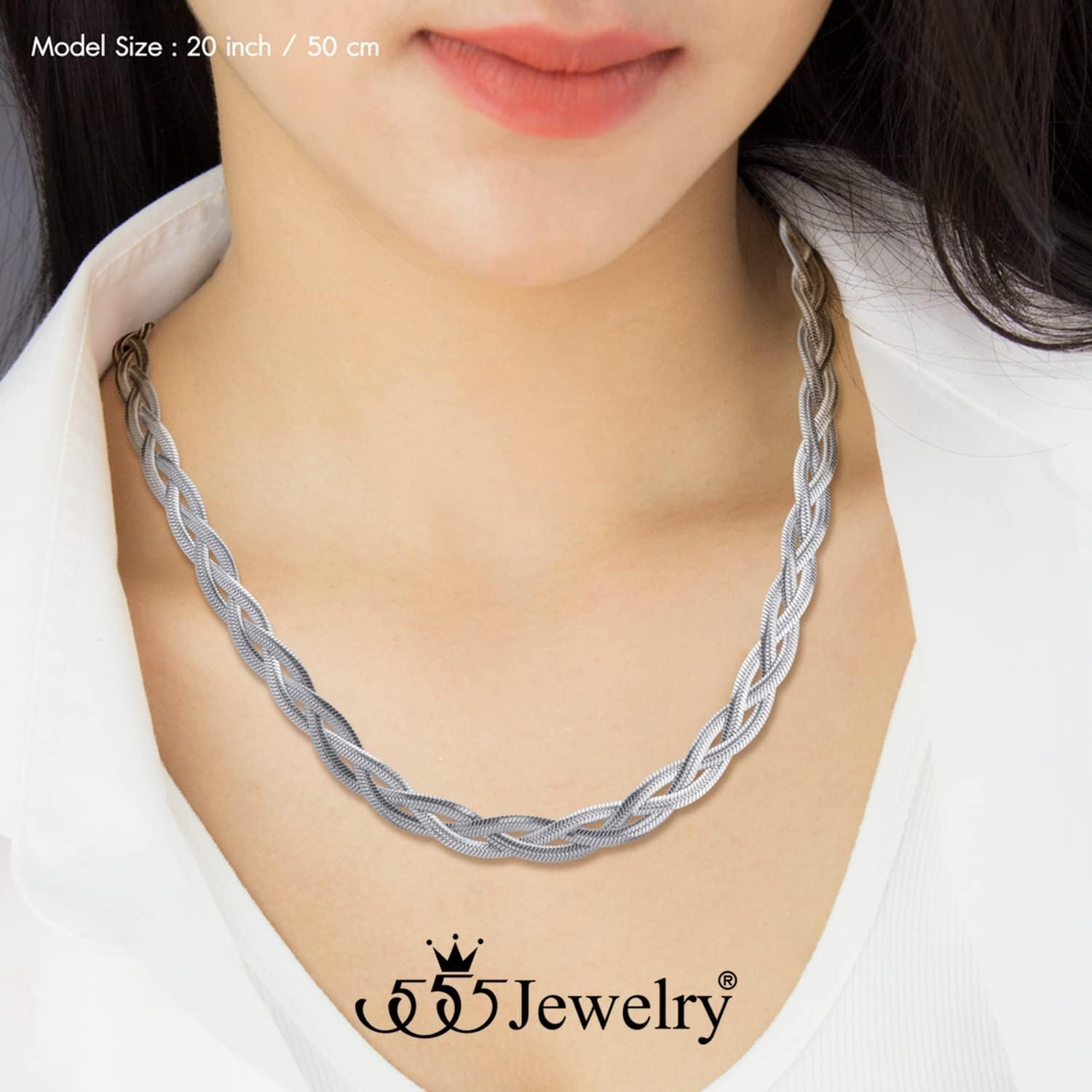 image:image555Jewelry Stainless Steel Flat Braided Snake Chain Necklace for Women amp LadiesSilver