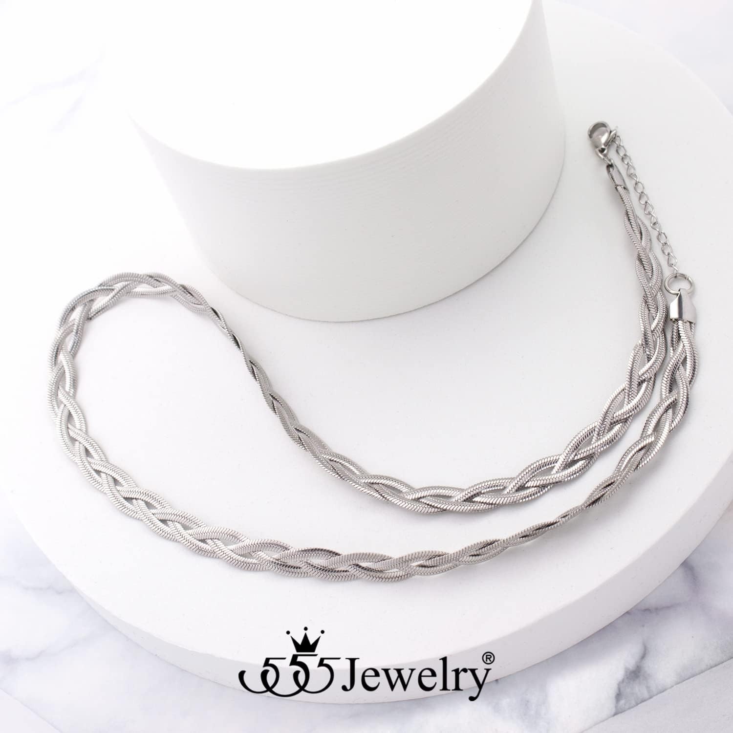 image:image555Jewelry Stainless Steel Flat Braided Snake Chain Necklace for Women amp LadiesSilver