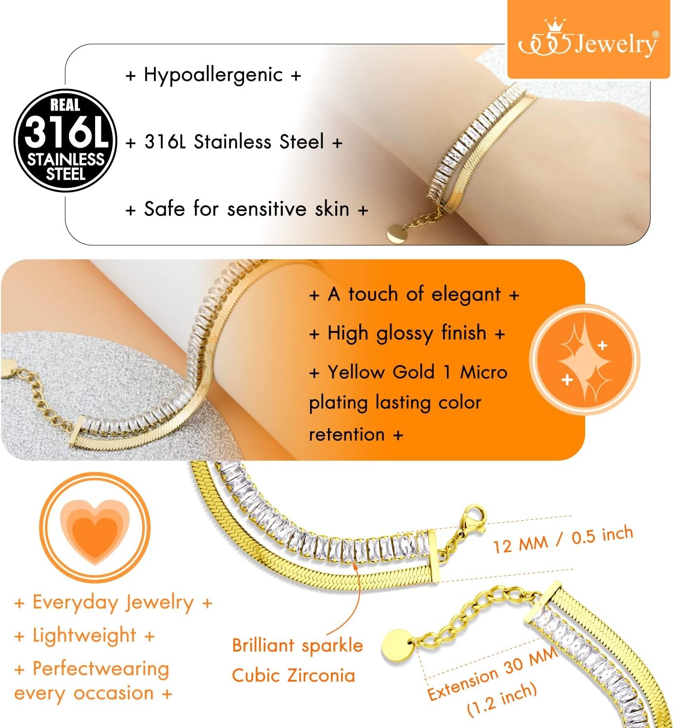 image:image555Jewelry Stainless Steel Flat Snake Chain amp Cubic Zirconia Stripe Bracelet for WomenGold
