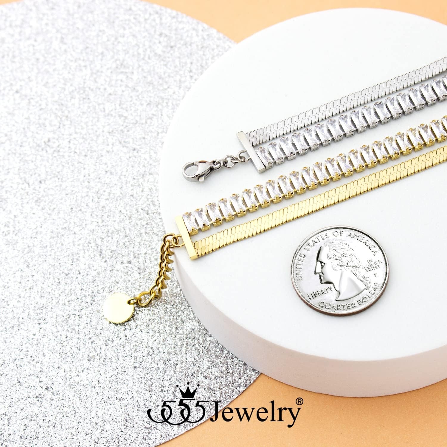 image:image555Jewelry Stainless Steel Flat Snake Chain amp Cubic Zirconia Stripe Bracelet for WomenGold