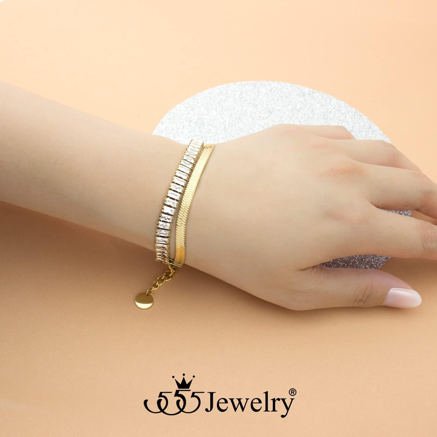 image:image555Jewelry Stainless Steel Flat Snake Chain amp Cubic Zirconia Stripe Bracelet for WomenGold