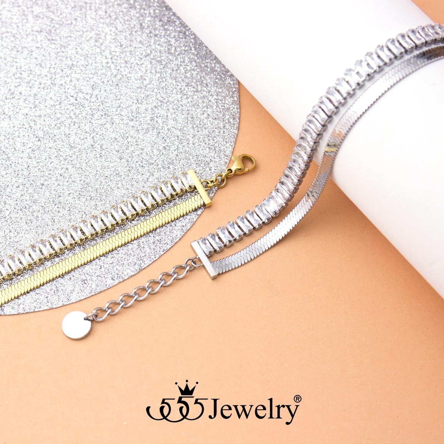 image:image555Jewelry Stainless Steel Flat Snake Chain amp Cubic Zirconia Stripe Bracelet for WomenGold