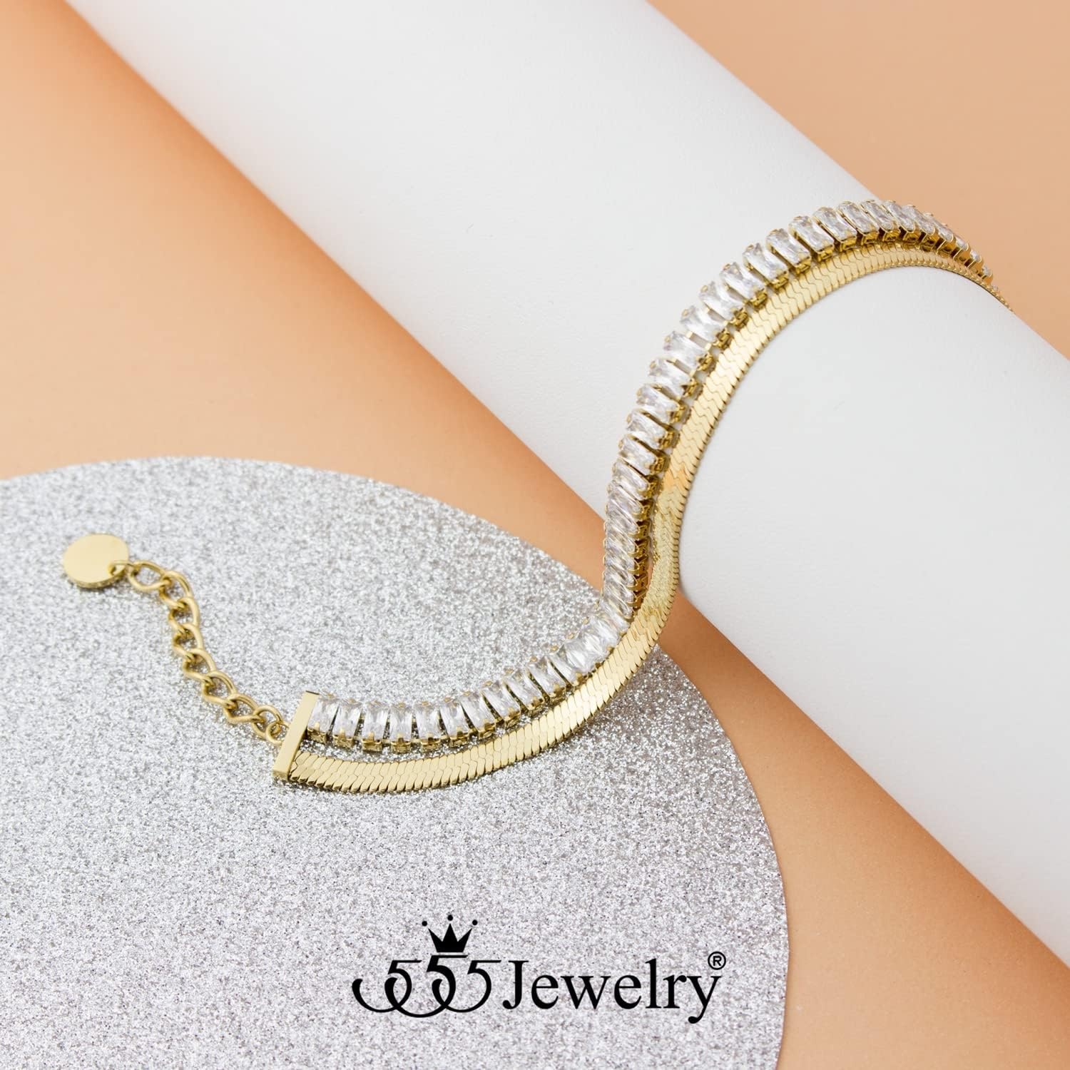 image:image555Jewelry Stainless Steel Flat Snake Chain amp Cubic Zirconia Stripe Bracelet for WomenGold