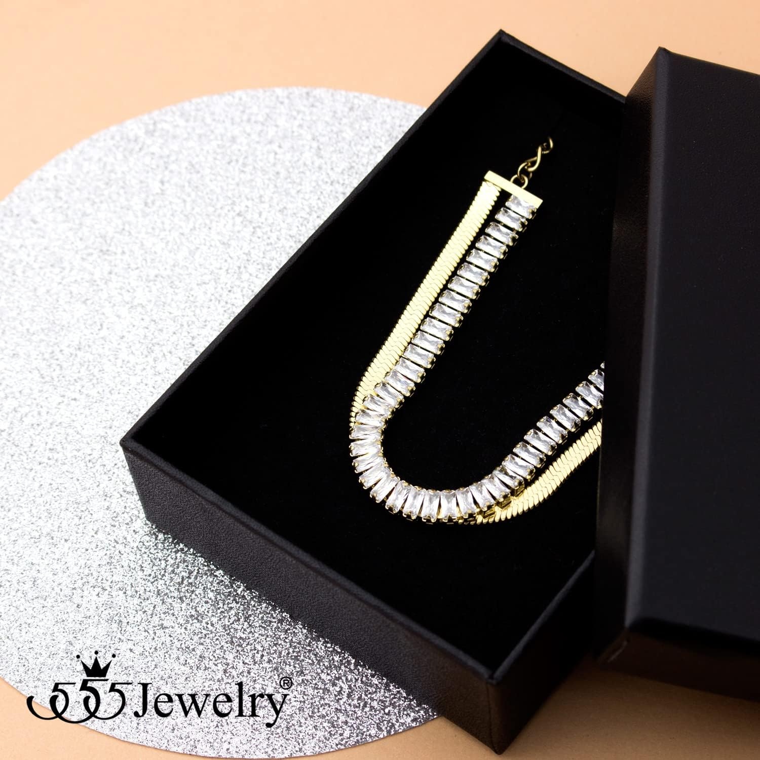 image:image555Jewelry Stainless Steel Flat Snake Chain amp Cubic Zirconia Stripe Bracelet for WomenGold