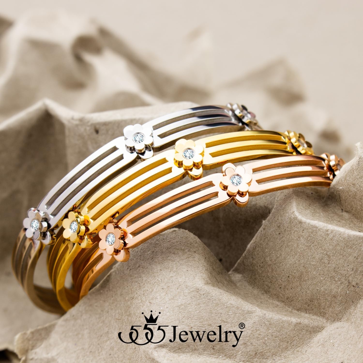 image:image555Jewelry Stainless Steel Grooved CZ Floral Open Cuff Bangle Bracelet for WomenGold