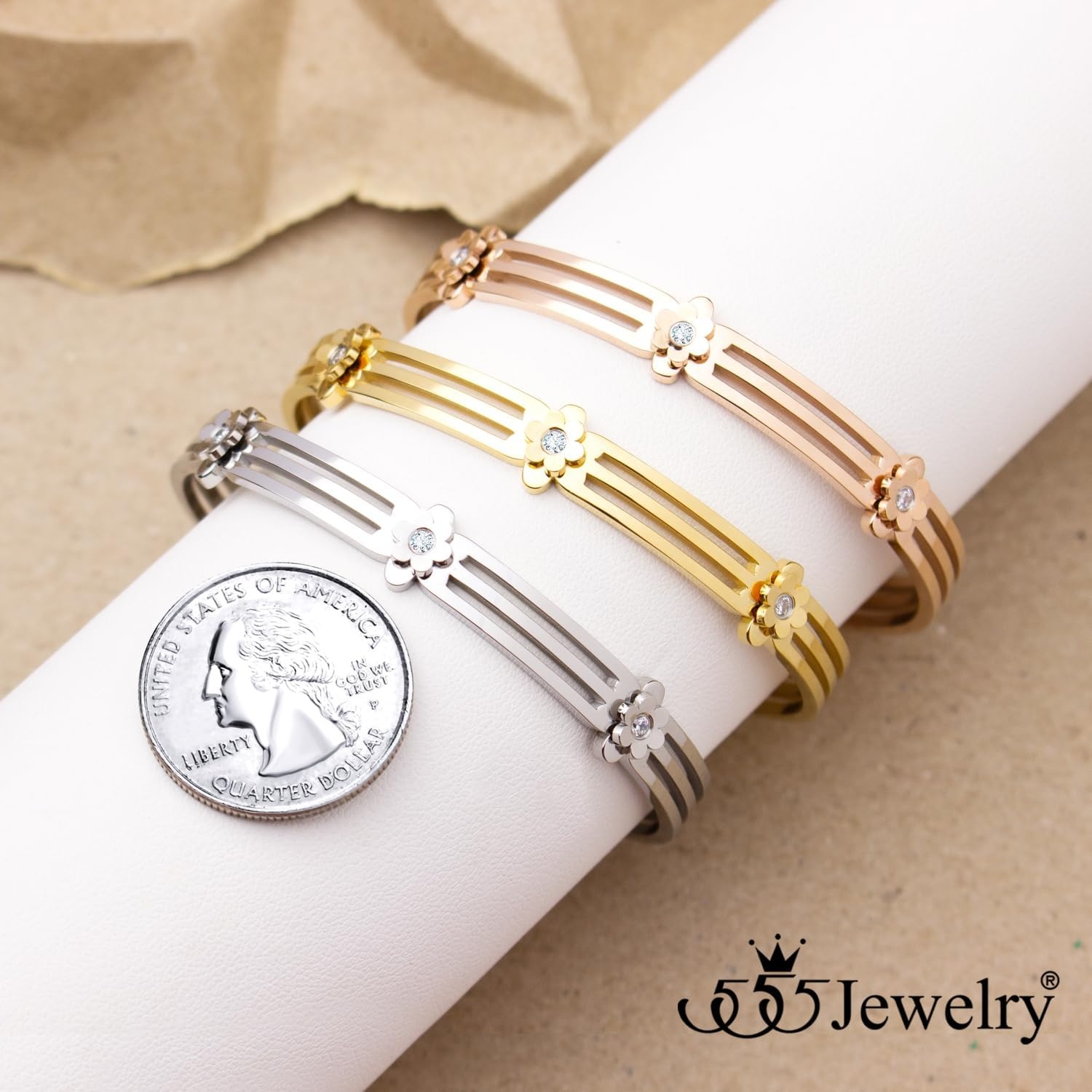 image:image555Jewelry Stainless Steel Grooved CZ Floral Open Cuff Bangle Bracelet for WomenGold