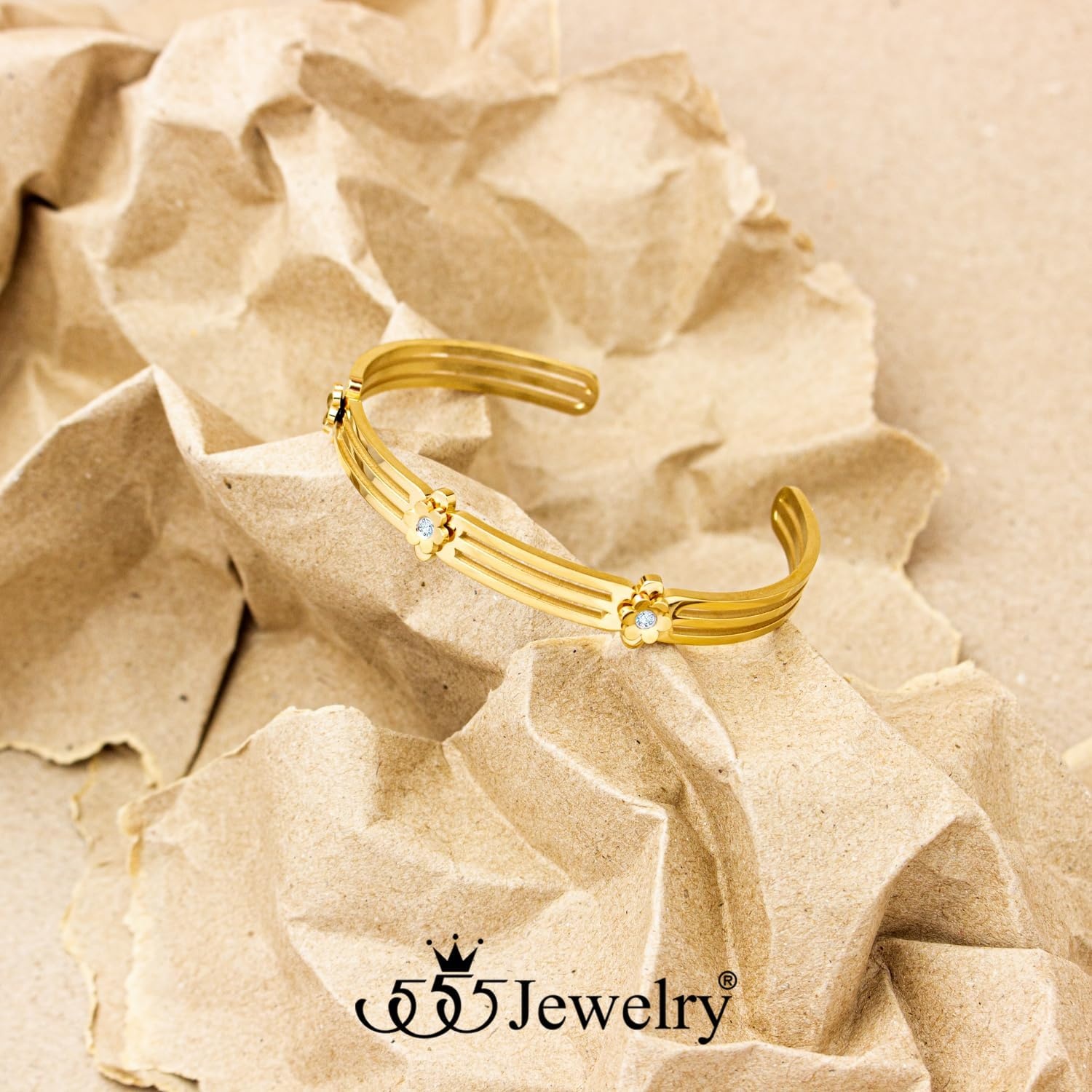 image:image555Jewelry Stainless Steel Grooved CZ Floral Open Cuff Bangle Bracelet for WomenGold