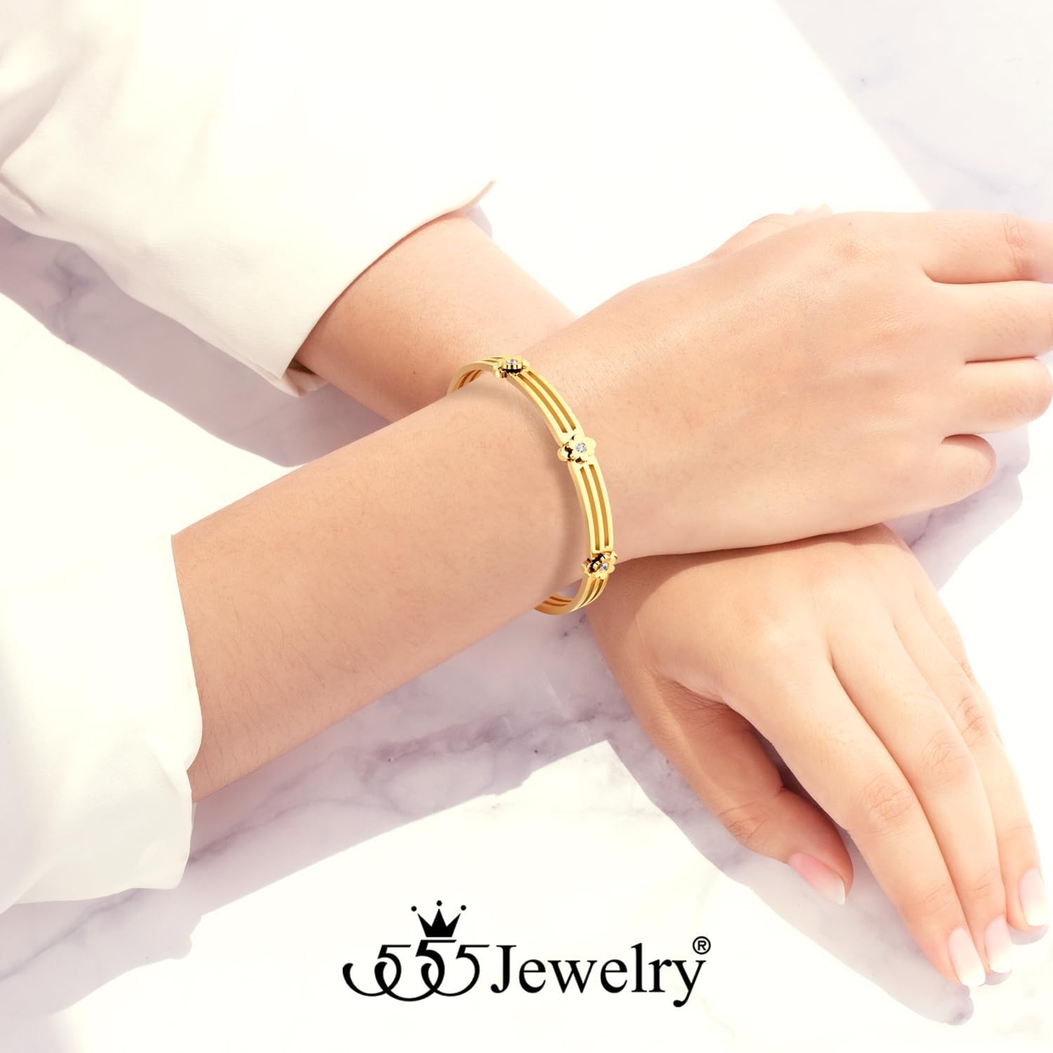 image:image555Jewelry Stainless Steel Grooved CZ Floral Open Cuff Bangle Bracelet for WomenGold