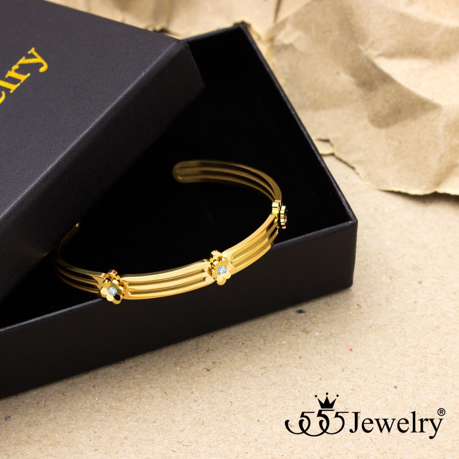 image:image555Jewelry Stainless Steel Grooved CZ Floral Open Cuff Bangle Bracelet for WomenGold