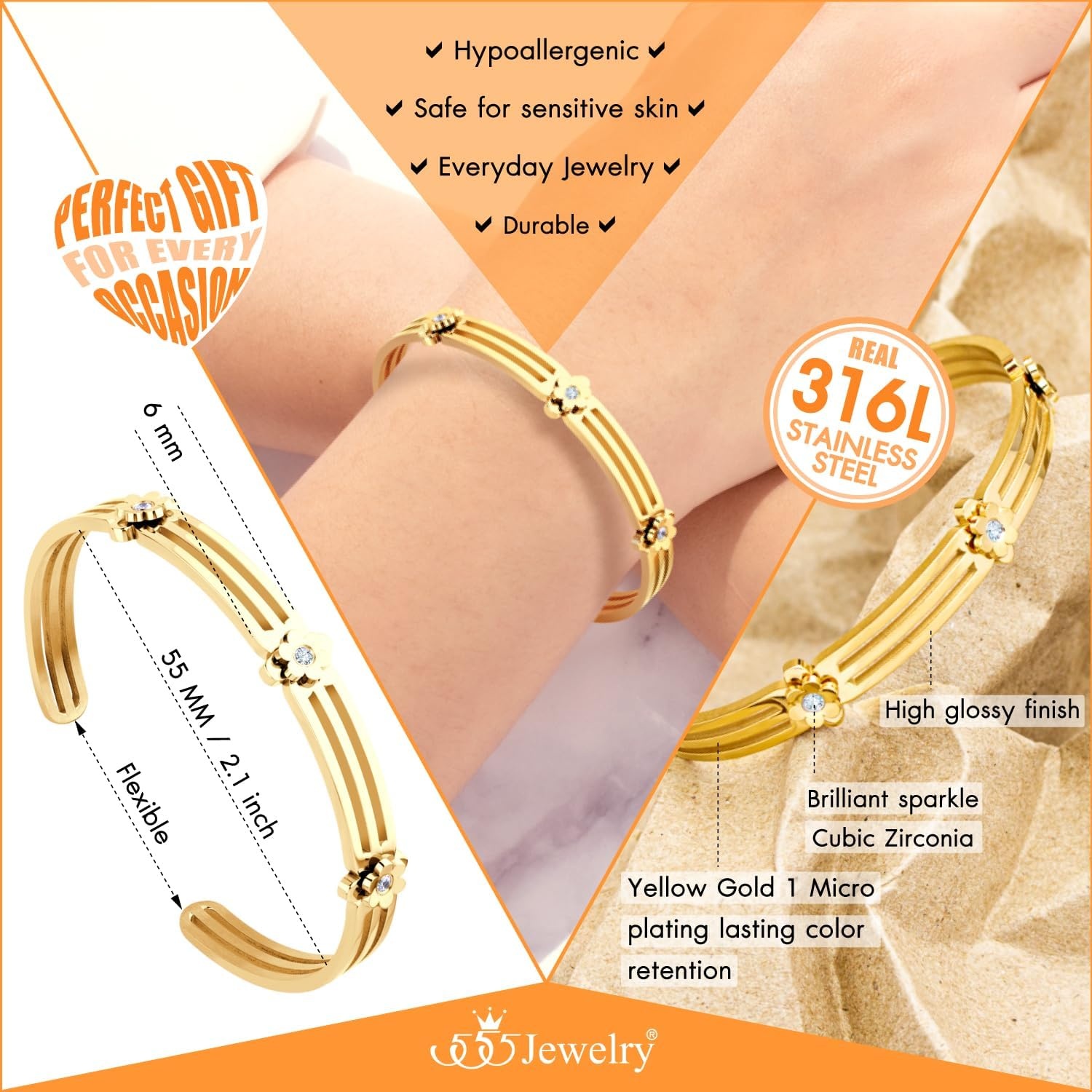 image:image555Jewelry Stainless Steel Grooved CZ Floral Open Cuff Bangle Bracelet for WomenGold