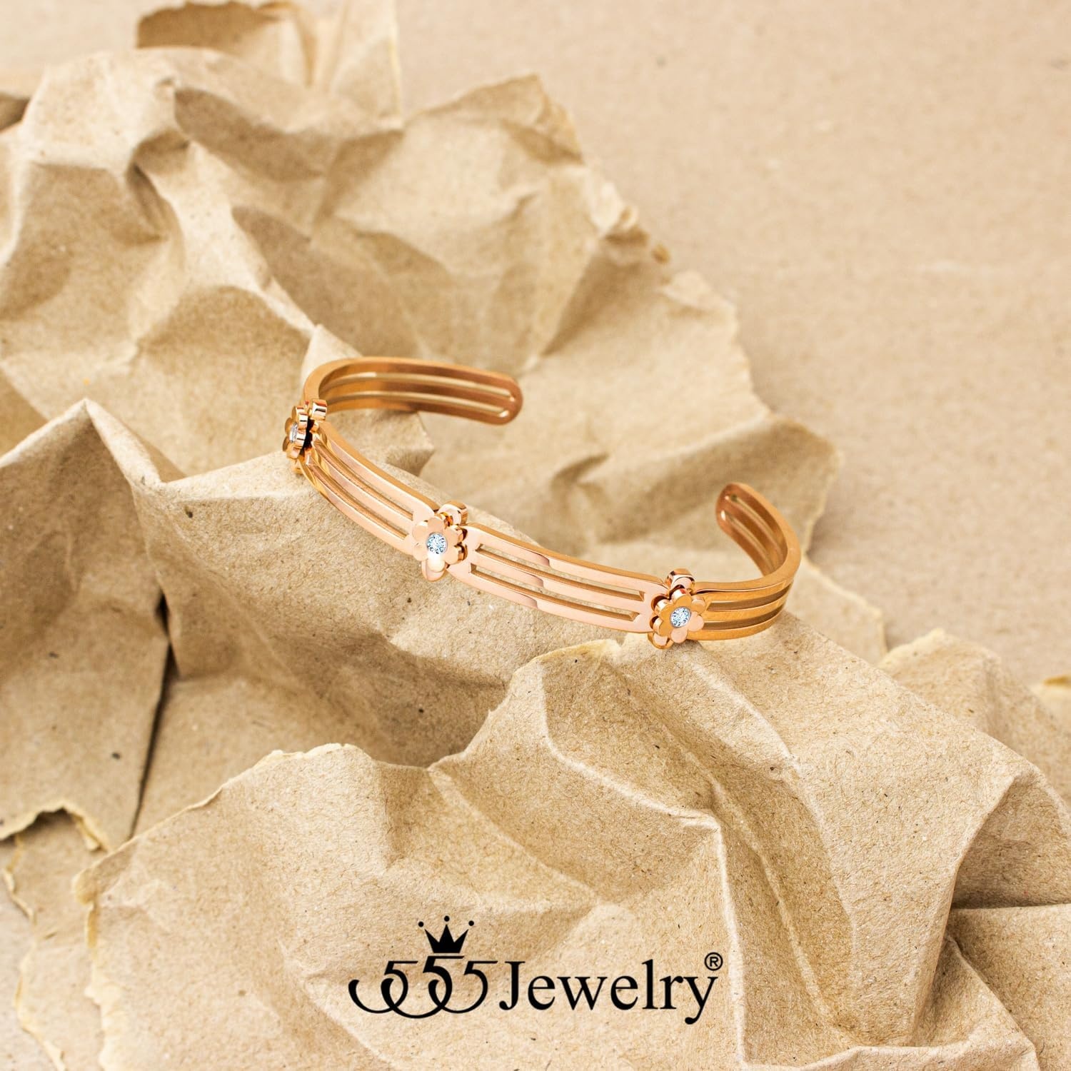 image:image555Jewelry Stainless Steel Grooved CZ Floral Open Cuff Bangle Bracelet for WomenRose Gold
