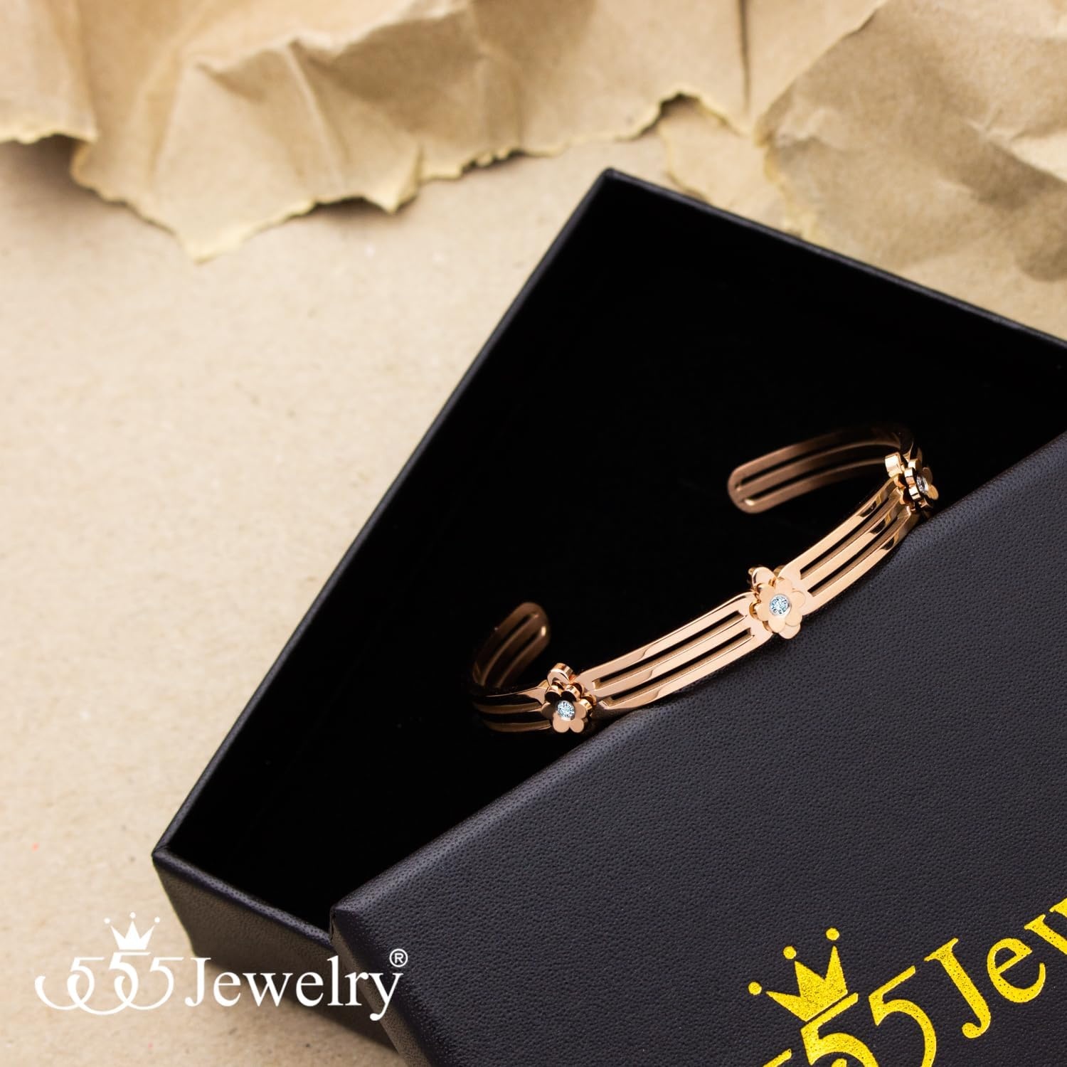 image:image555Jewelry Stainless Steel Grooved CZ Floral Open Cuff Bangle Bracelet for WomenRose Gold