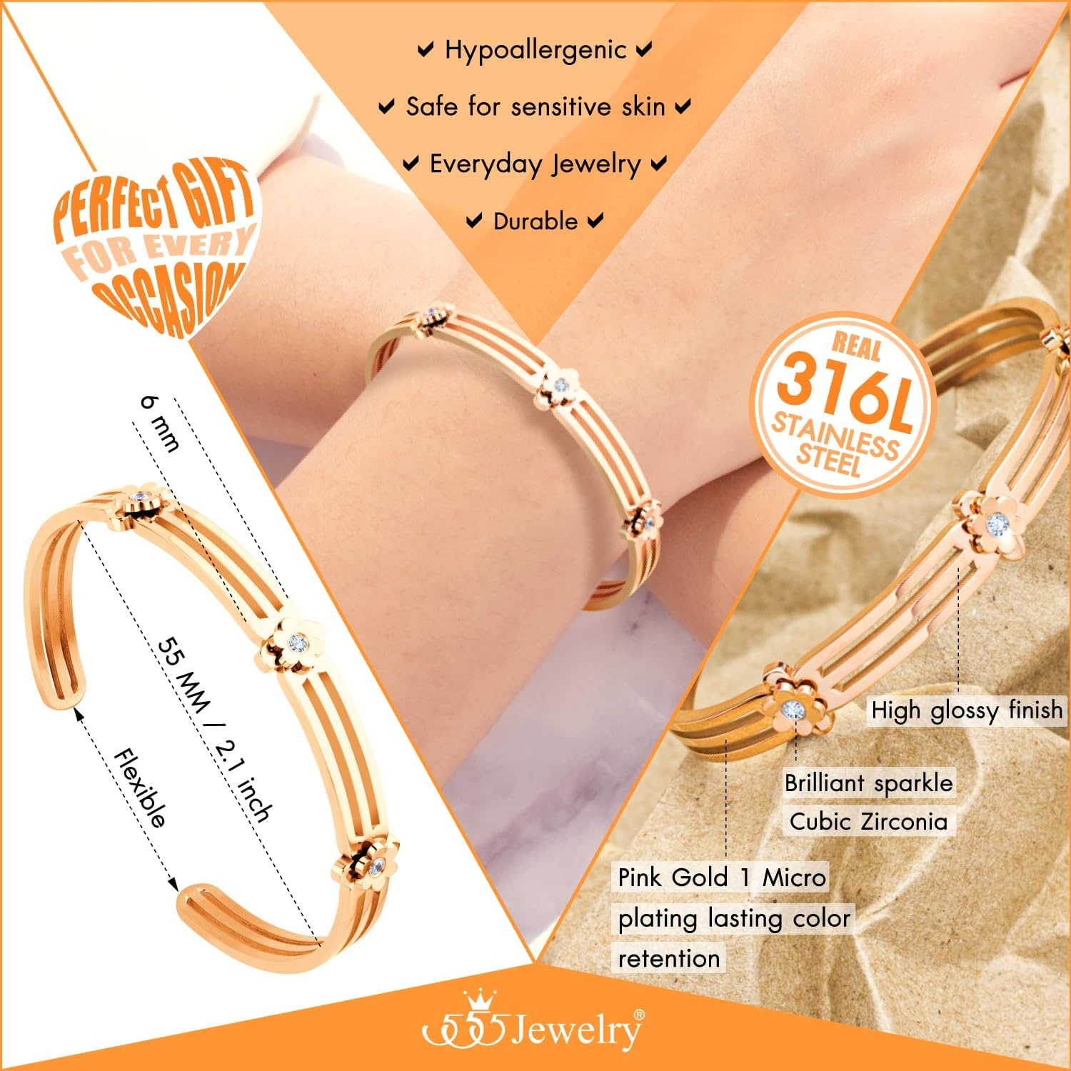 image:image555Jewelry Stainless Steel Grooved CZ Floral Open Cuff Bangle Bracelet for WomenRose Gold
