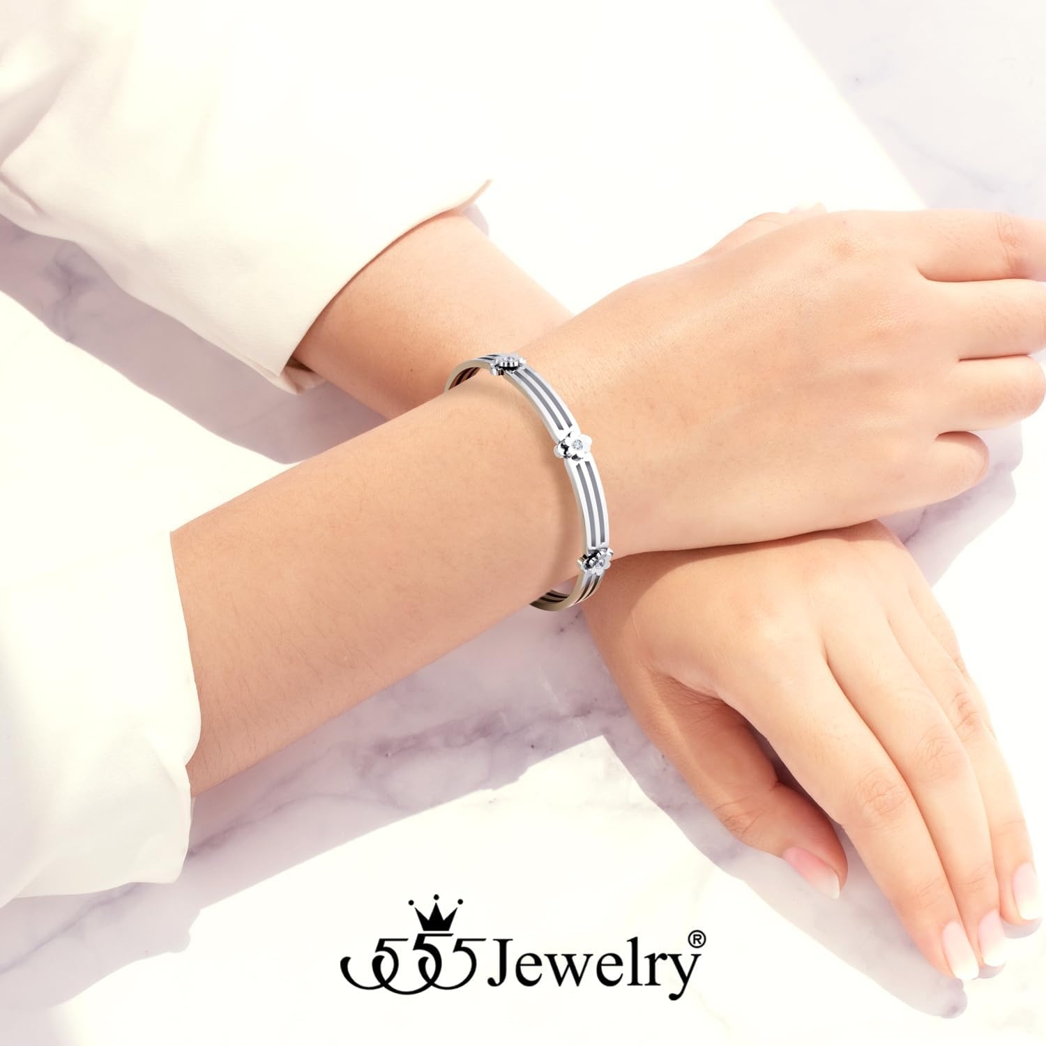 image:image555Jewelry Stainless Steel Grooved CZ Floral Open Cuff Bangle Bracelet for WomenSilver