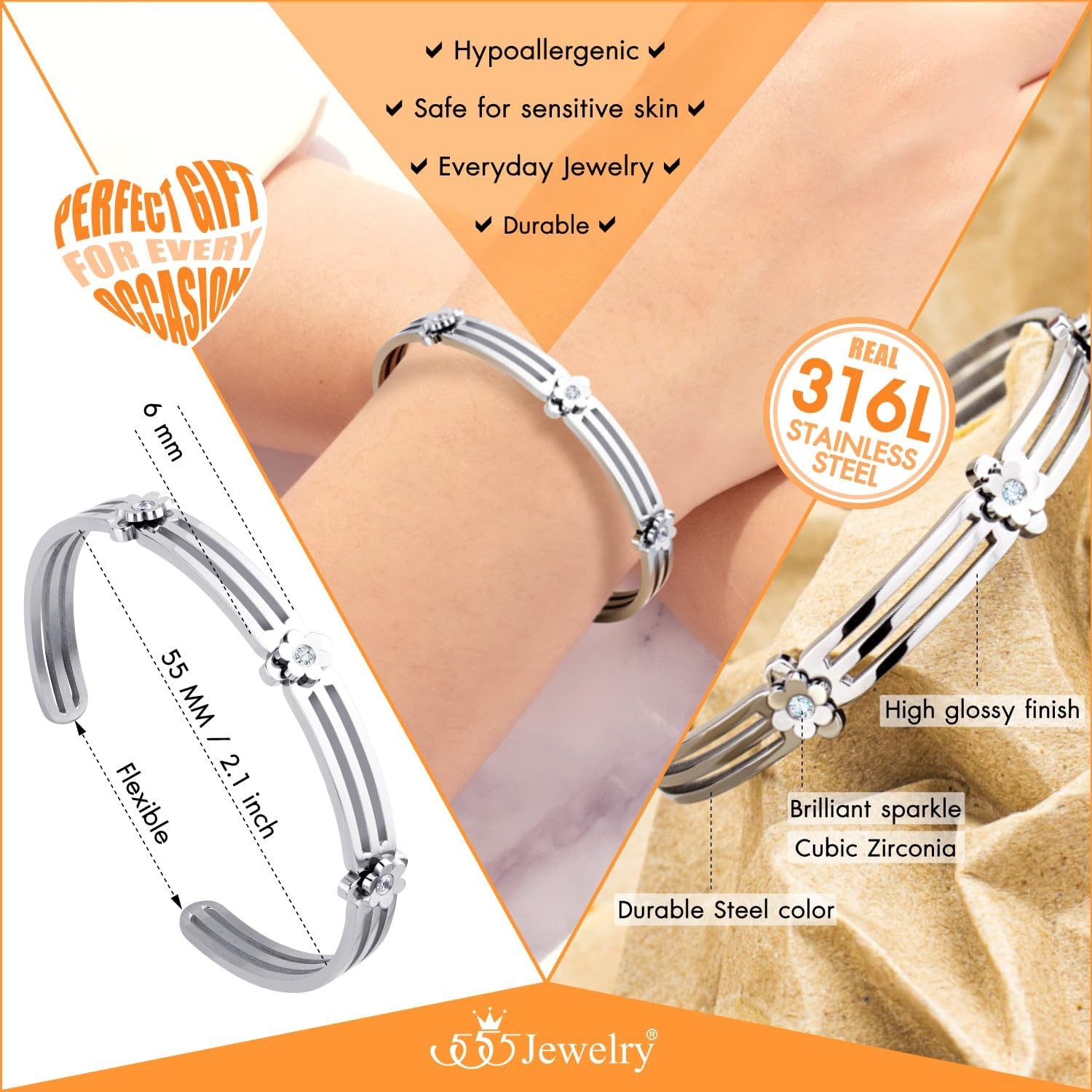 image:image555Jewelry Stainless Steel Grooved CZ Floral Open Cuff Bangle Bracelet for WomenSilver