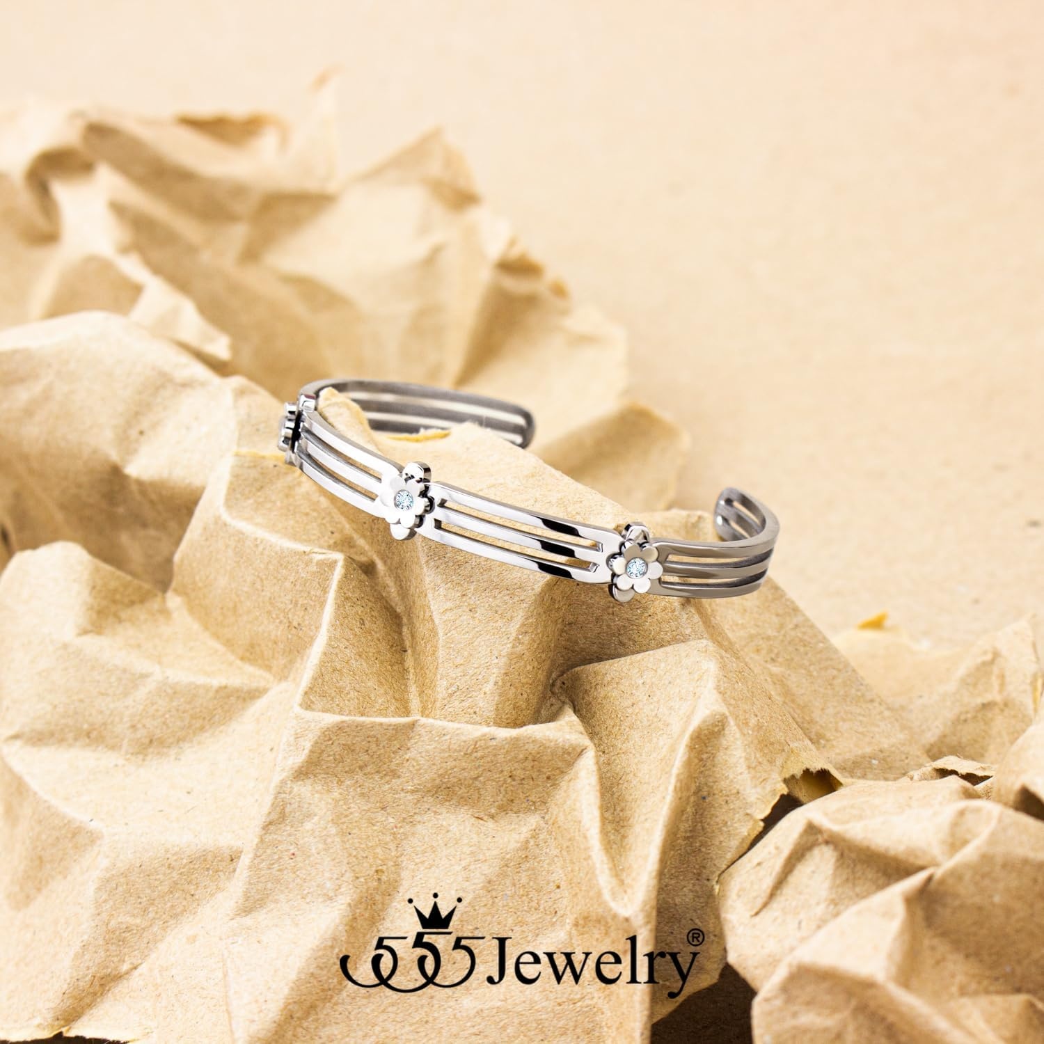 image:image555Jewelry Stainless Steel Grooved CZ Floral Open Cuff Bangle Bracelet for WomenSilver