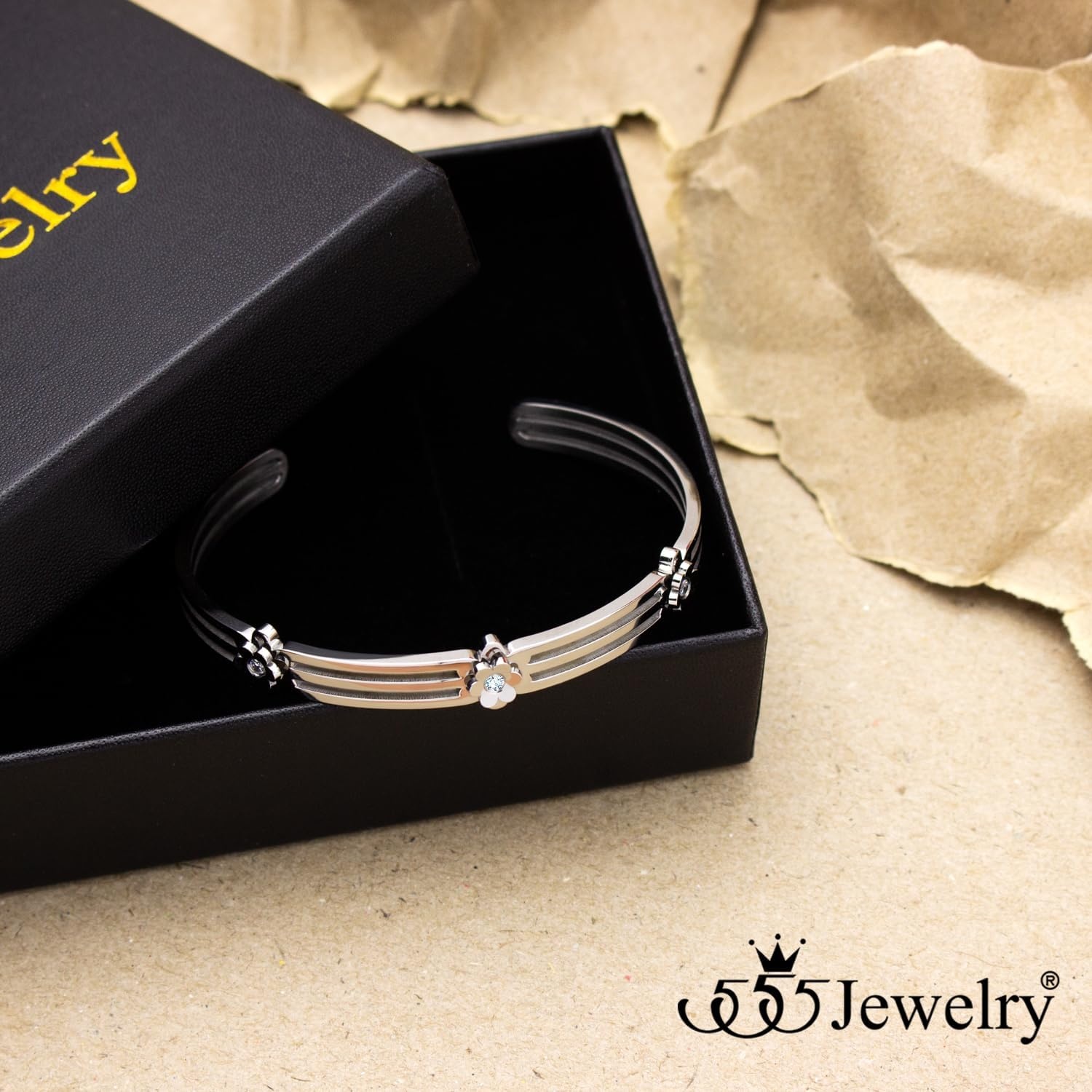 image:image555Jewelry Stainless Steel Grooved CZ Floral Open Cuff Bangle Bracelet for WomenSilver