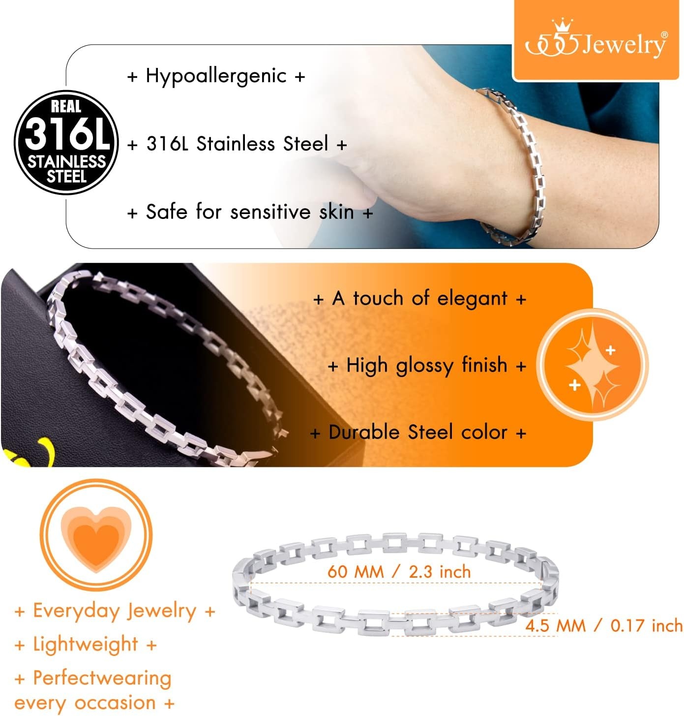 image:image555Jewelry Stainless Steel Hinged Chain Link Bangle Bracelet for Women amp MenSilver