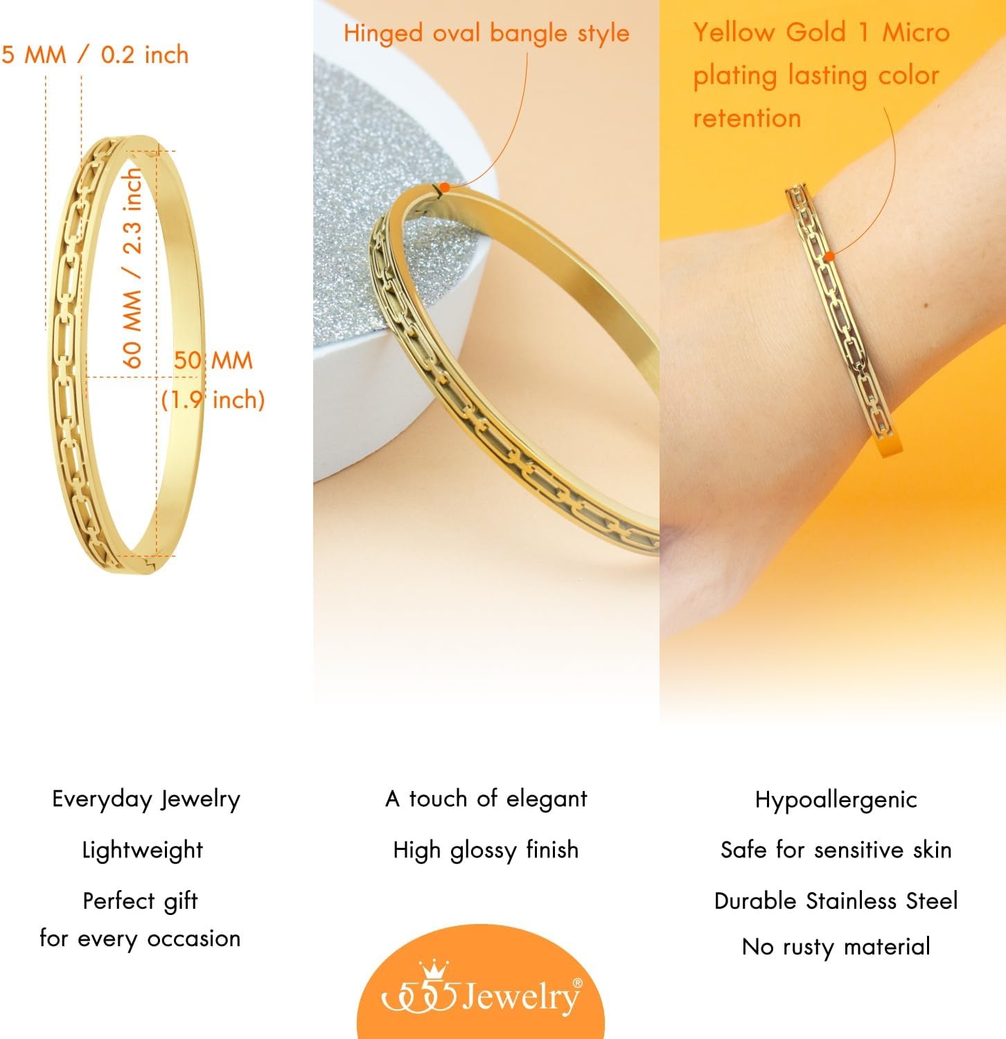 image:image555Jewelry Stainless Steel Hinged Chain Pattern Bangle Bracelet for Women amp MenGold