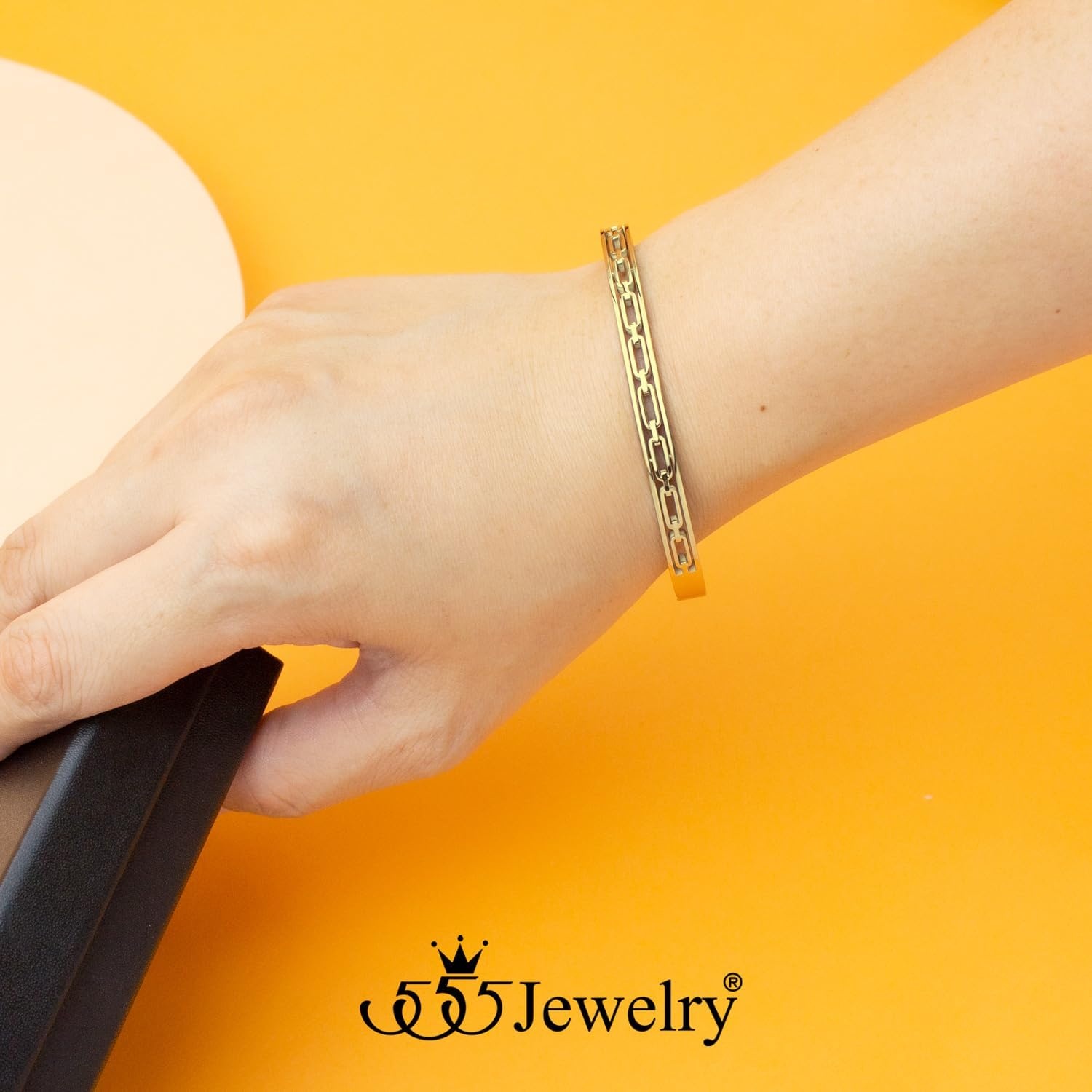 image:image555Jewelry Stainless Steel Hinged Chain Pattern Bangle Bracelet for Women amp MenGold