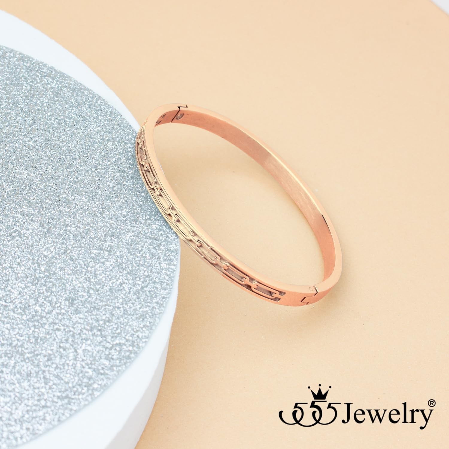 image:image555Jewelry Stainless Steel Hinged Chain Pattern Bangle Bracelet for Women amp MenRose Gold